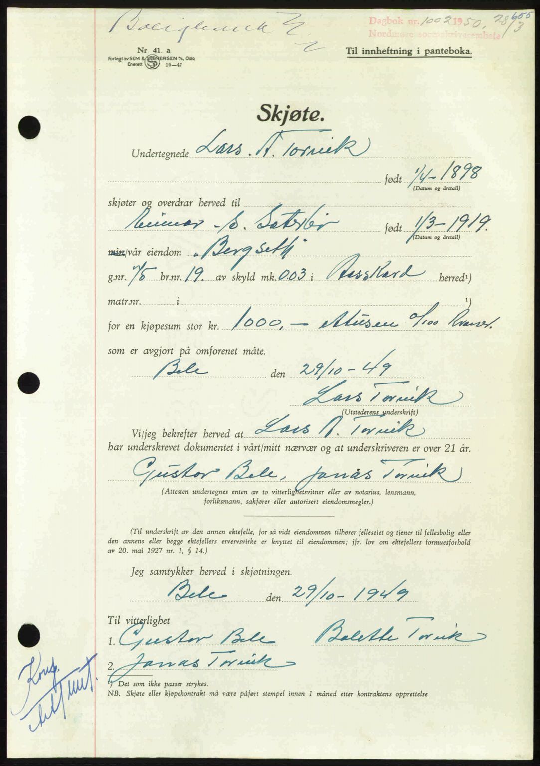 Nordmøre sorenskriveri, AV/SAT-A-4132/1/2/2Ca: Mortgage book no. A114, 1950-1950, Diary no: : 1002/1950