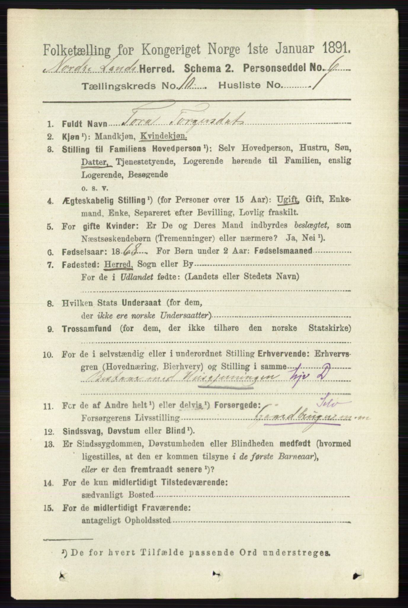 RA, 1891 census for 0538 Nordre Land, 1891, p. 2810