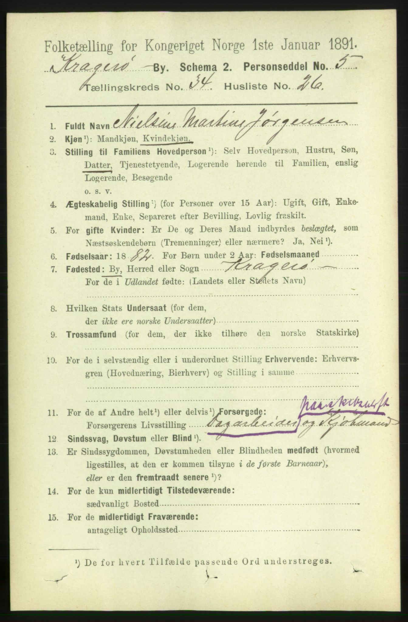 RA, 1891 census for 0801 Kragerø, 1891, p. 6242