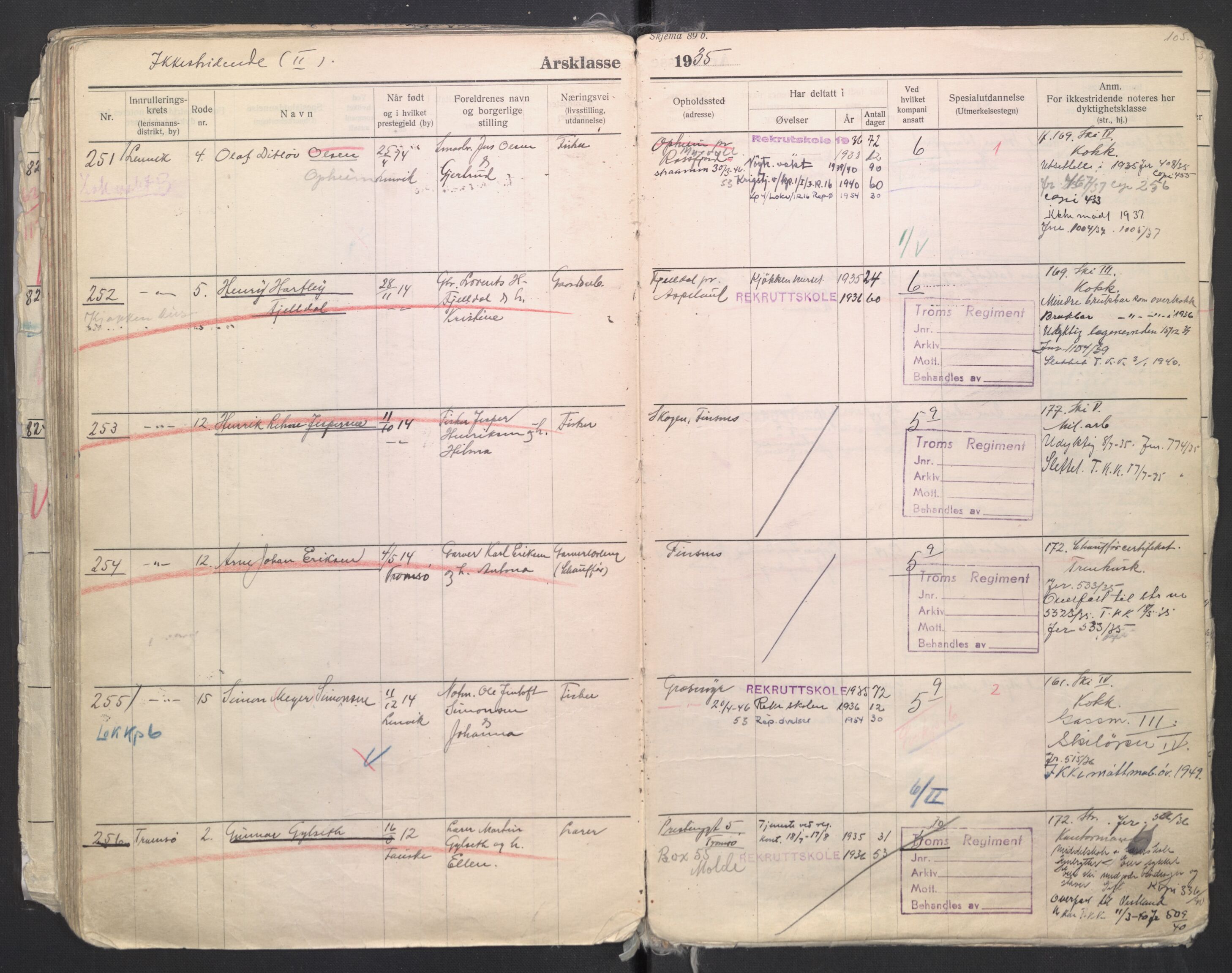 Forsvaret, Troms infanteriregiment nr. 16, AV/RA-RAFA-3146/P/Pa/L0006/0008: Ruller / Rulle for regimentets menige mannskaper, årsklasse 1935, 1935, p. 105