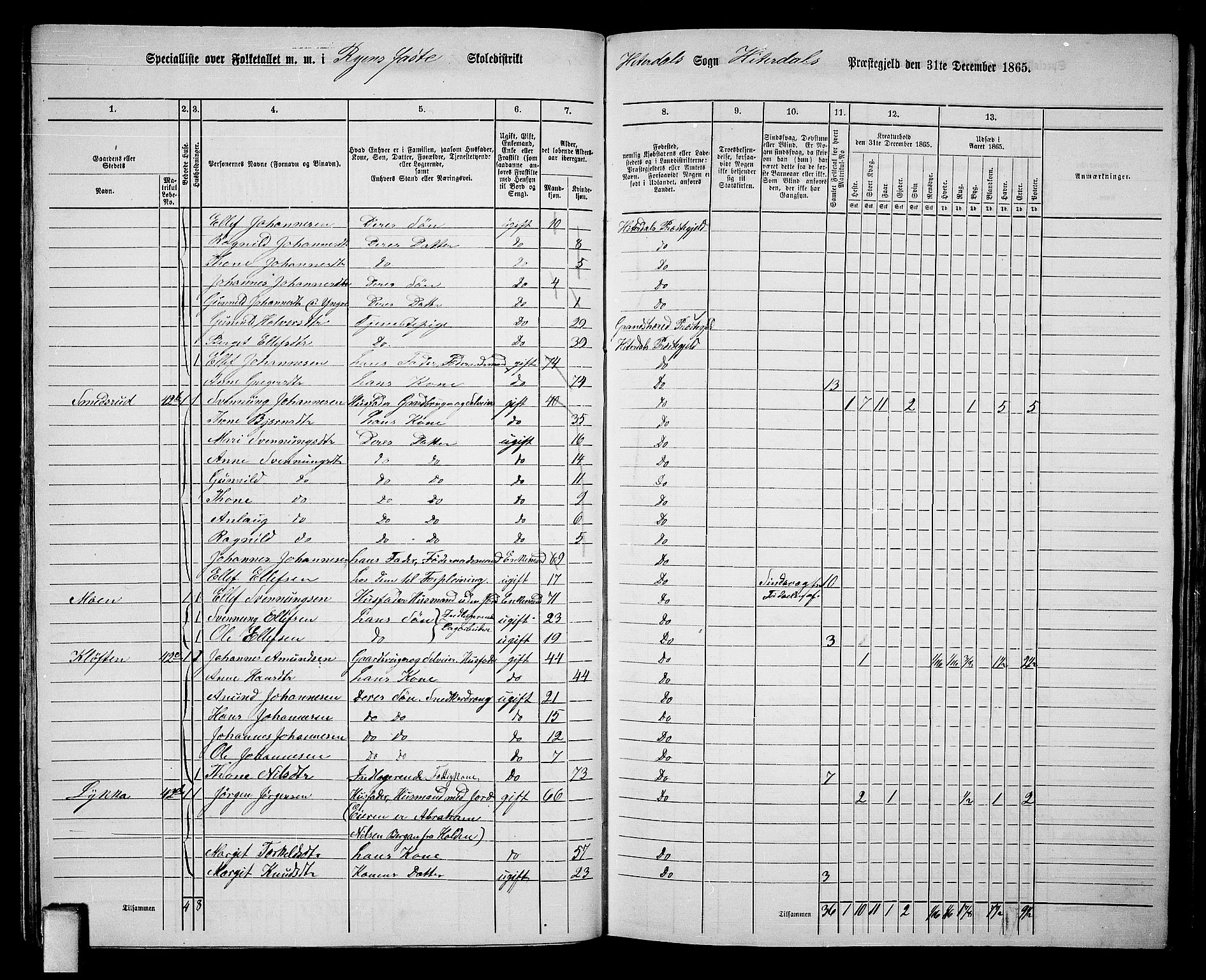 RA, 1865 census for Heddal, 1865, p. 44