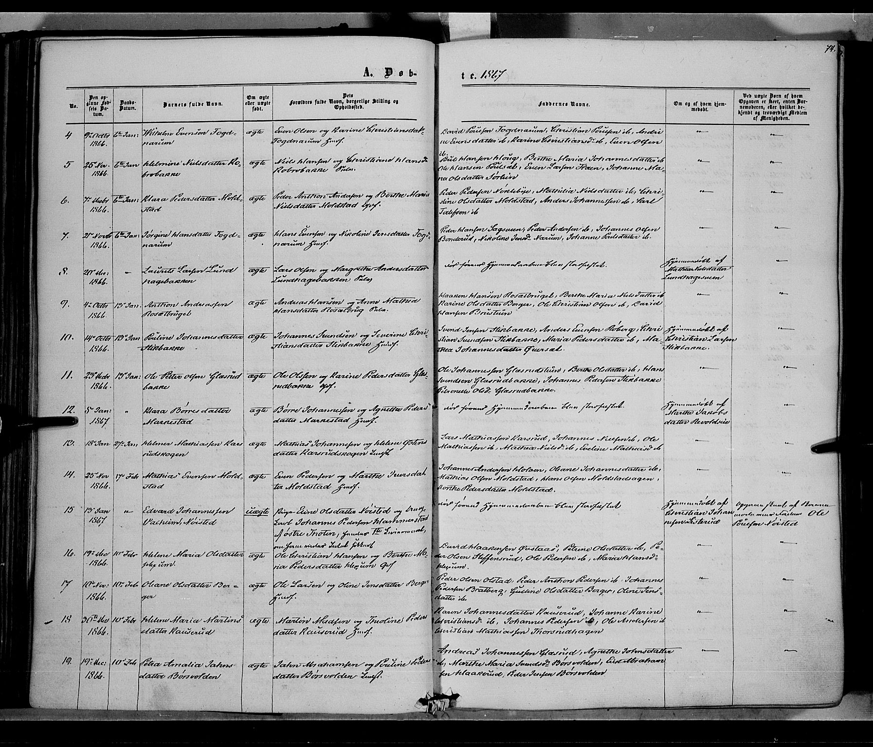 Vestre Toten prestekontor, SAH/PREST-108/H/Ha/Haa/L0007: Parish register (official) no. 7, 1862-1869, p. 74