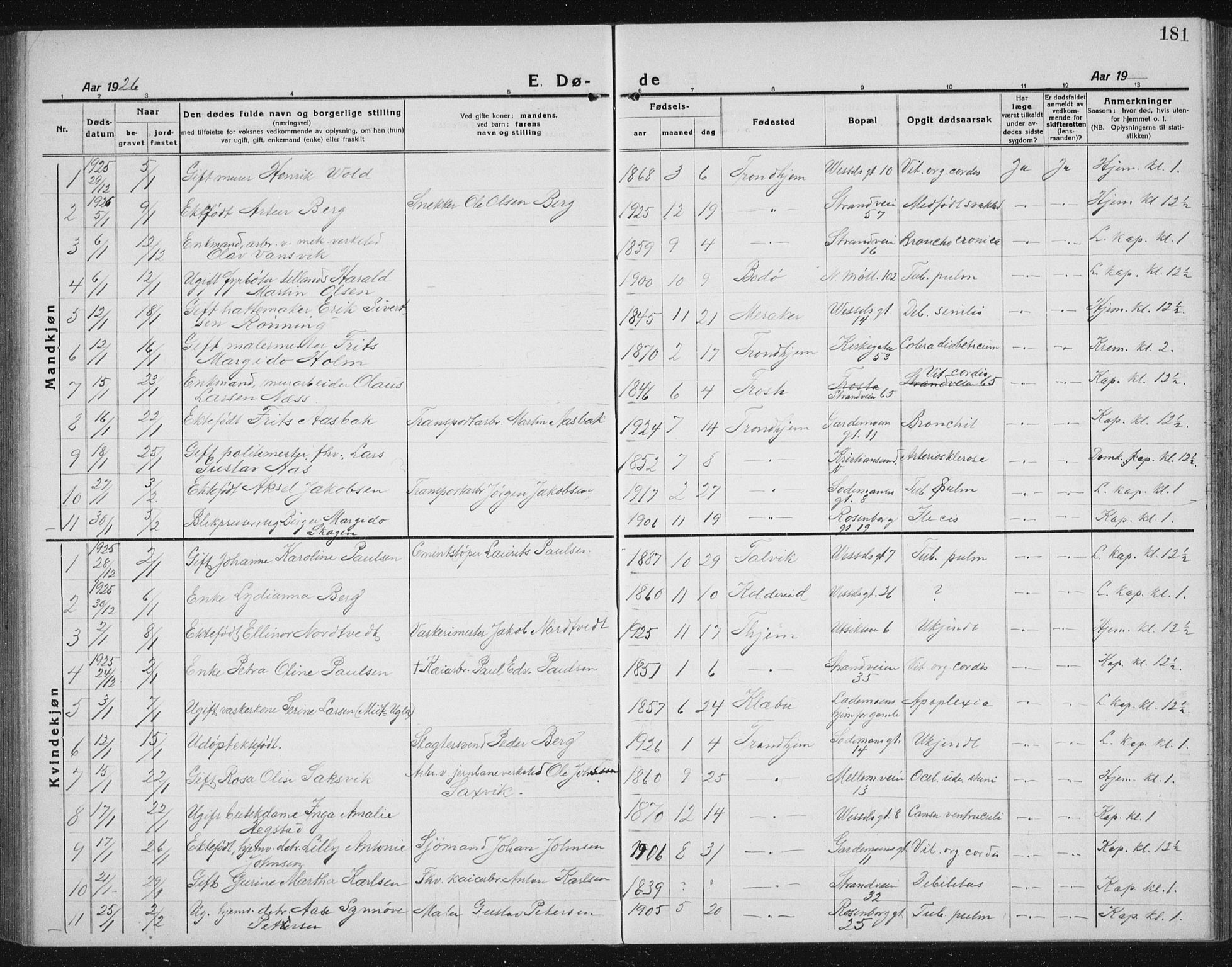 Ministerialprotokoller, klokkerbøker og fødselsregistre - Sør-Trøndelag, SAT/A-1456/605/L0260: Parish register (copy) no. 605C07, 1922-1942, p. 181