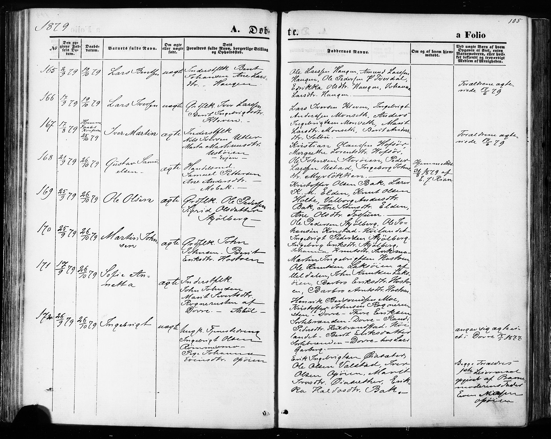 Ministerialprotokoller, klokkerbøker og fødselsregistre - Sør-Trøndelag, AV/SAT-A-1456/668/L0807: Parish register (official) no. 668A07, 1870-1880, p. 105