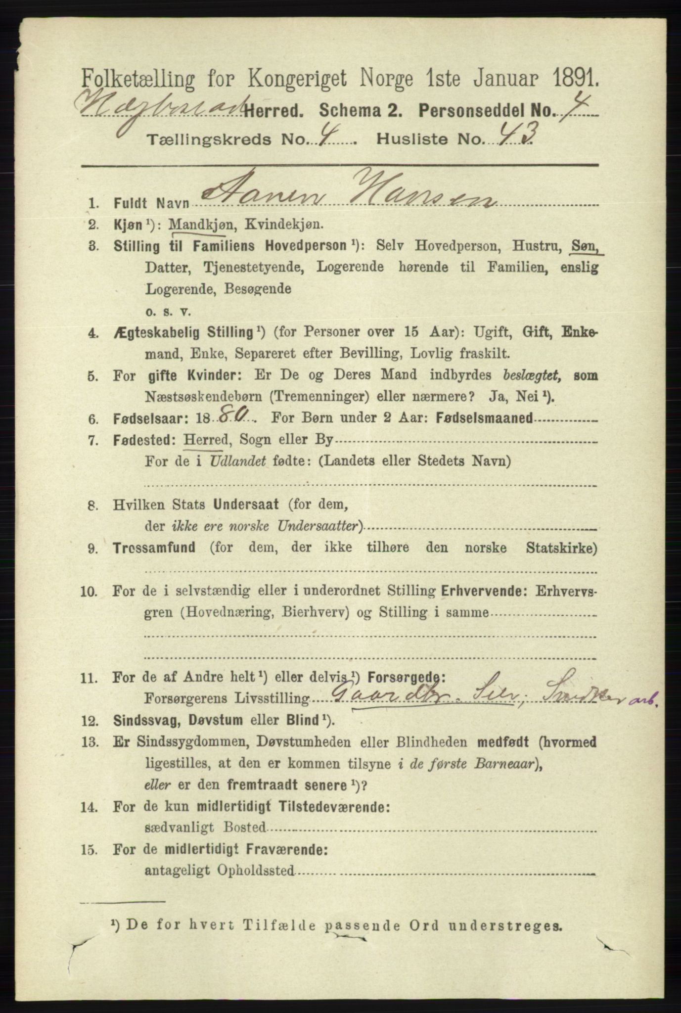 RA, 1891 census for 1034 Hægebostad, 1891, p. 1425