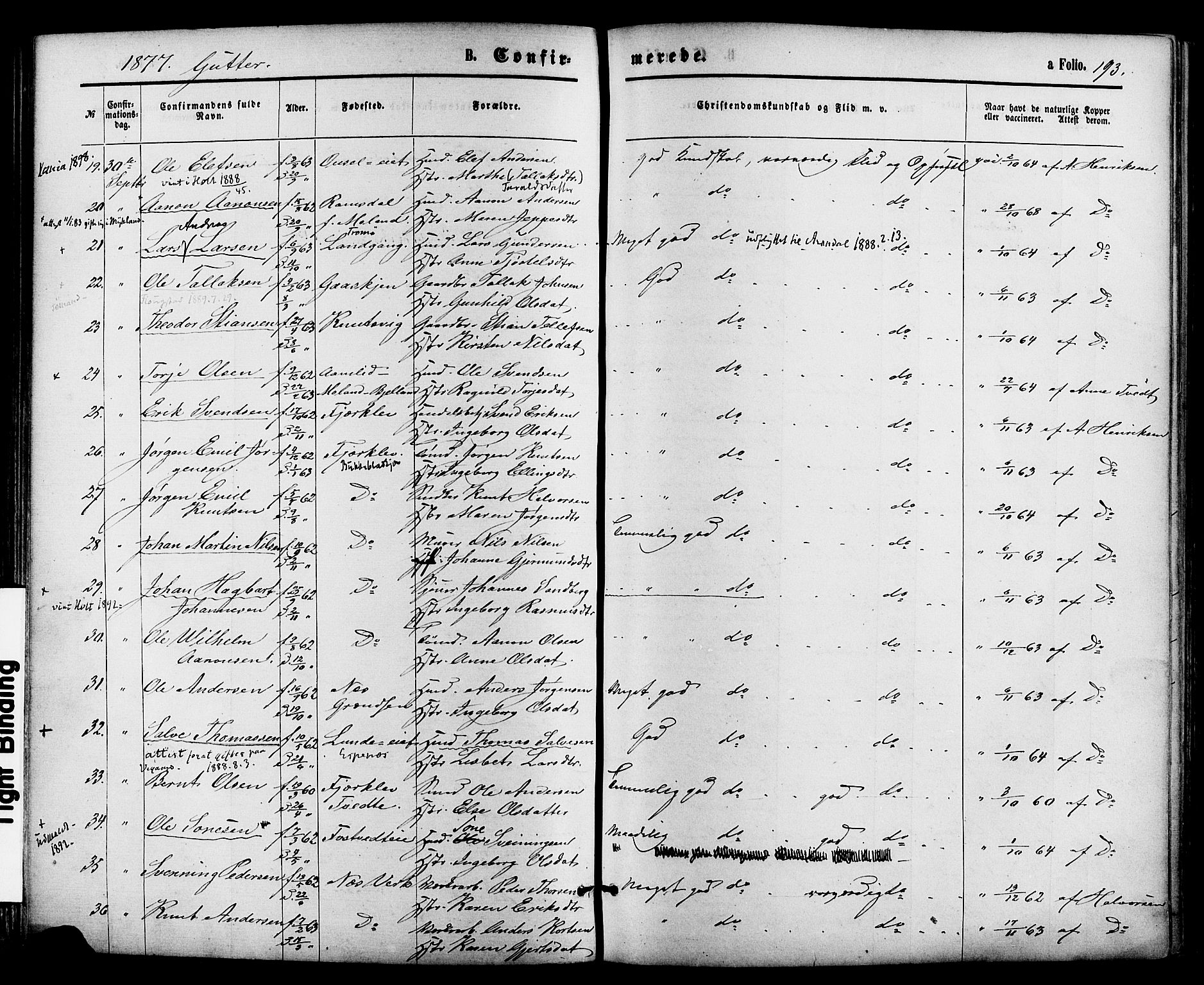 Holt sokneprestkontor, SAK/1111-0021/F/Fa/L0010: Parish register (official) no. A 10, 1872-1885, p. 193