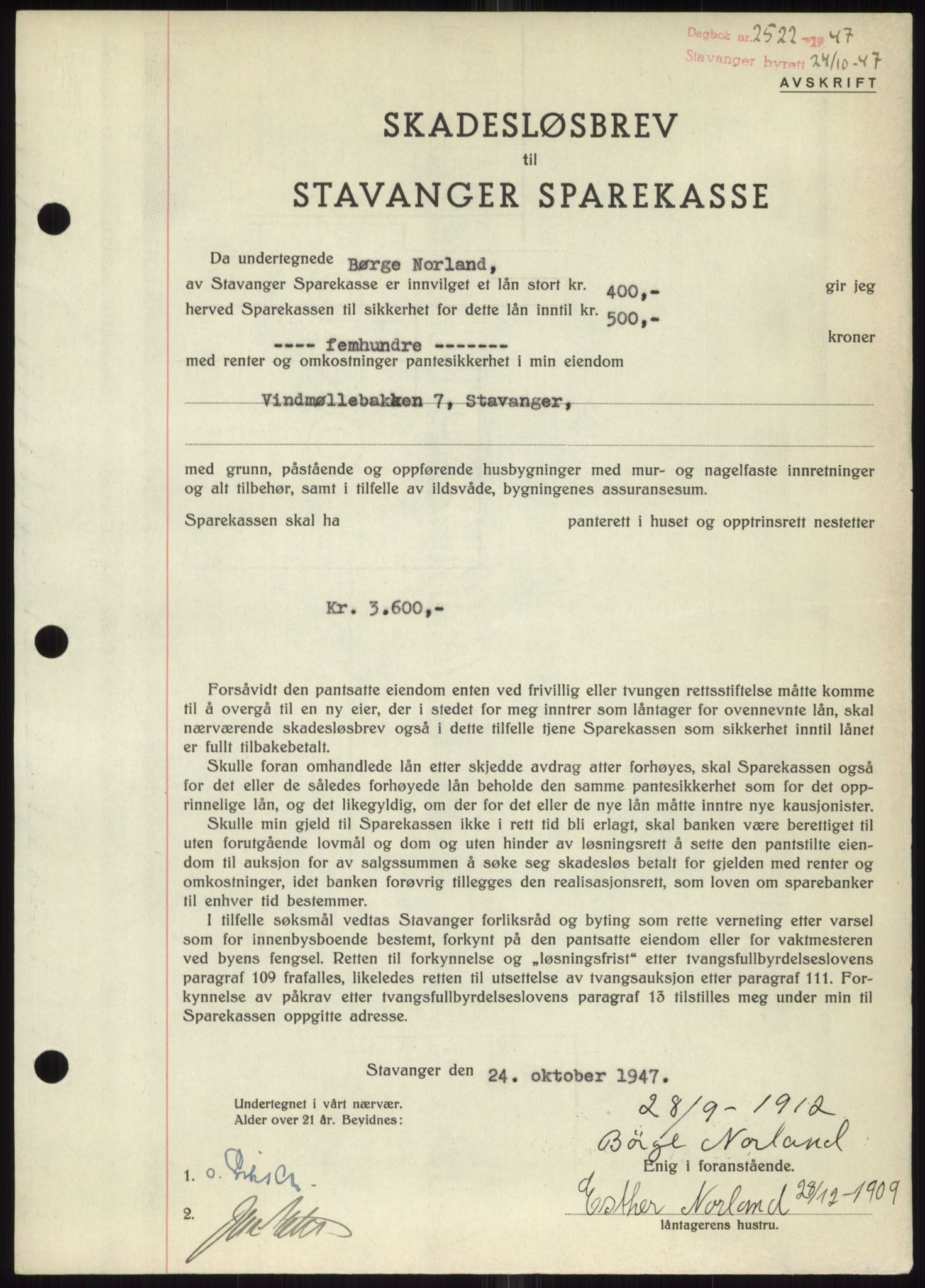 Stavanger byrett, SAST/A-100455/002/G/Gb/L0032: Mortgage book, 1947-1950, Diary no: : 2522/1947