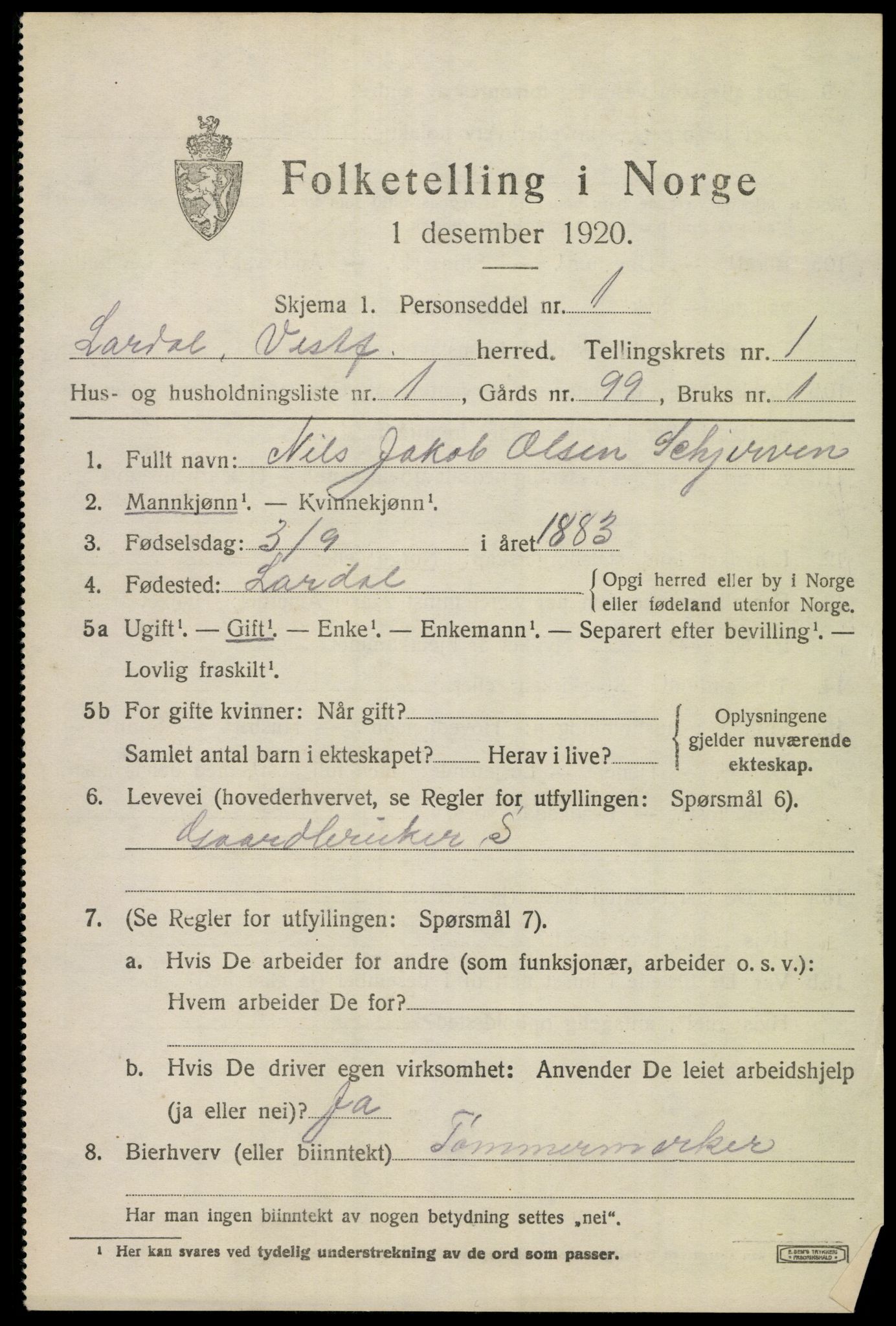 SAKO, 1920 census for Lardal, 1920, p. 1001