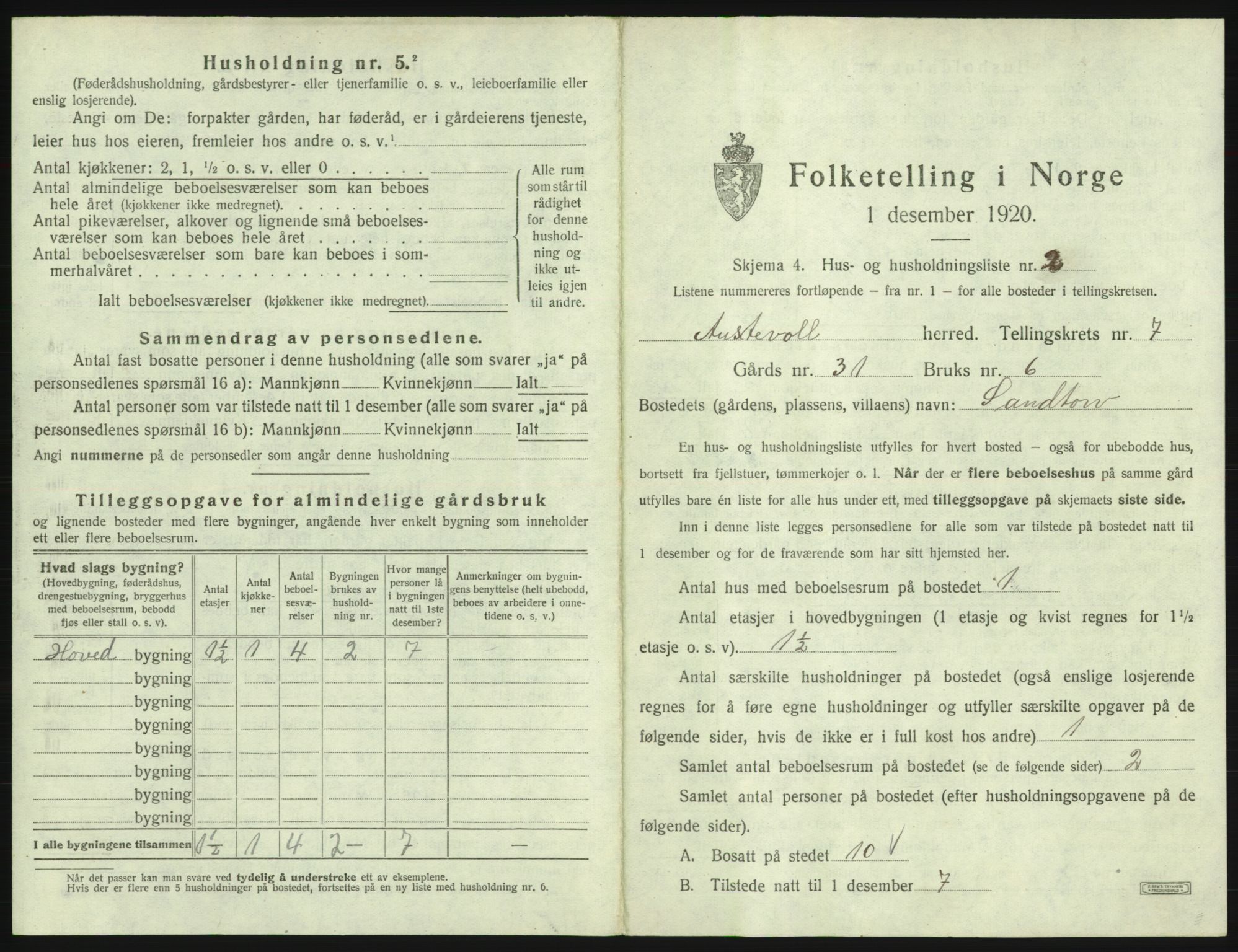 SAB, 1920 census for Austevoll, 1920, p. 455