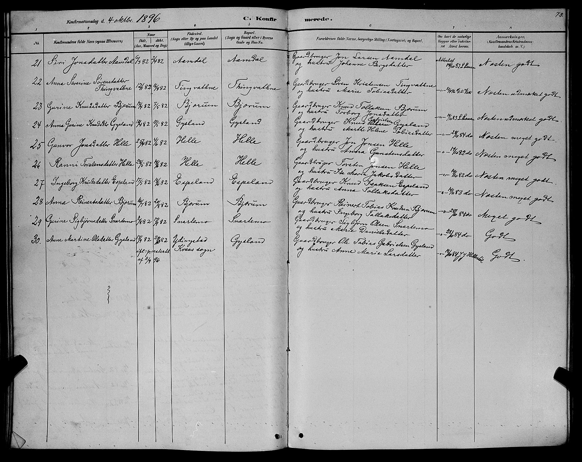 Hægebostad sokneprestkontor, AV/SAK-1111-0024/F/Fb/Fba/L0003: Parish register (copy) no. B 3, 1883-1896, p. 73