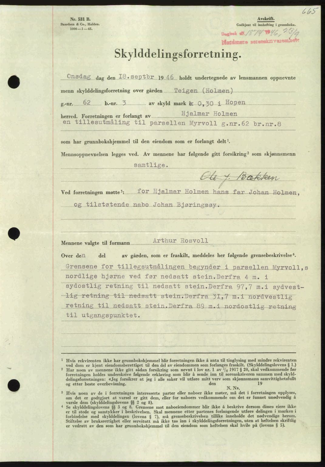 Nordmøre sorenskriveri, AV/SAT-A-4132/1/2/2Ca: Mortgage book no. A102, 1946-1946, Diary no: : 1874/1946