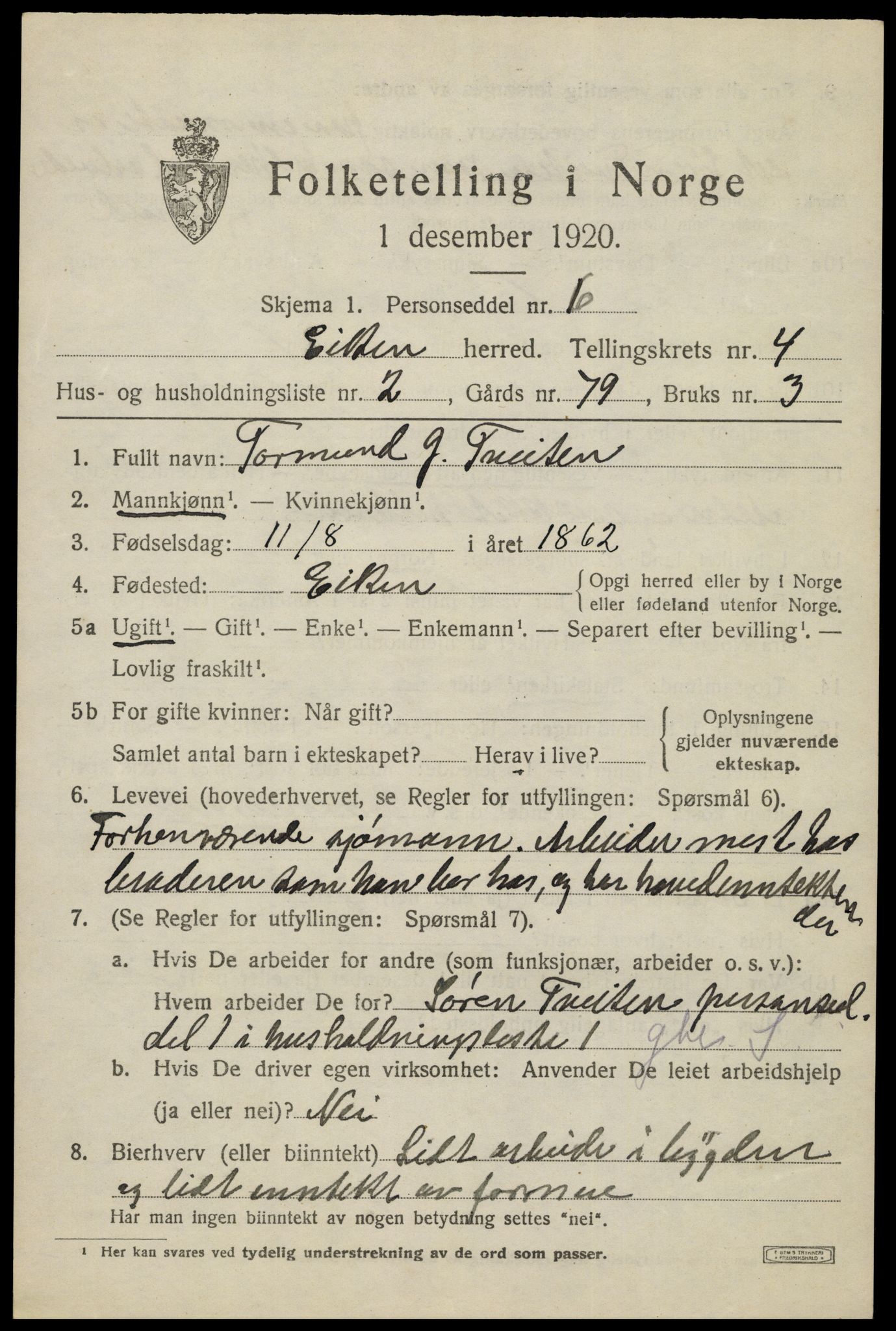 SAK, 1920 census for Eiken, 1920, p. 1283