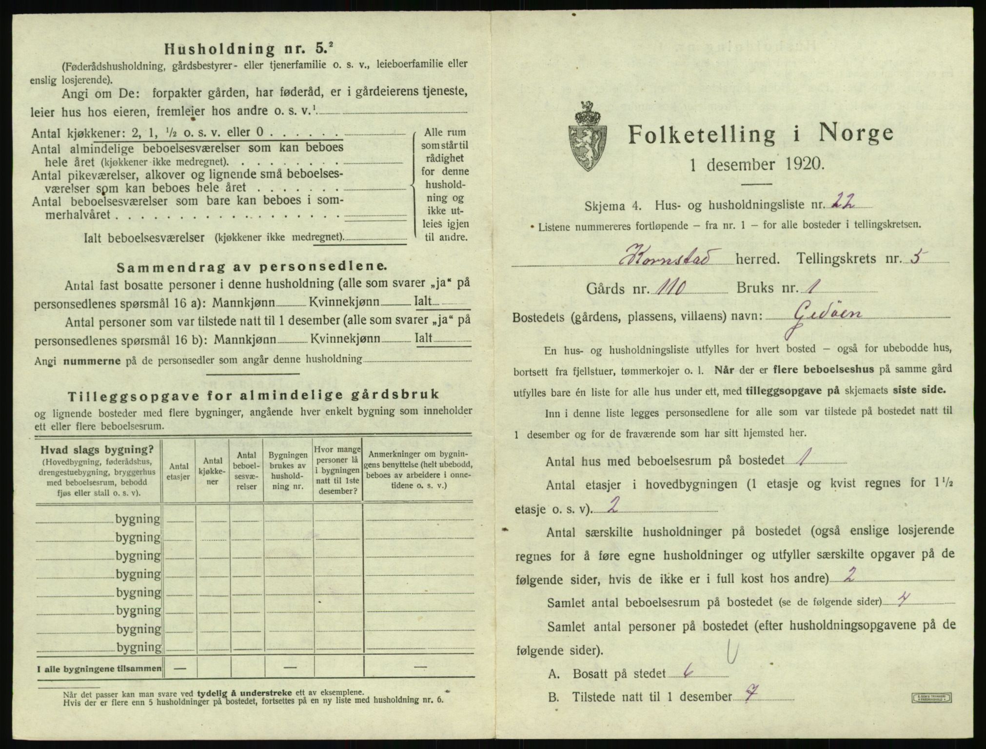 SAT, 1920 census for Kornstad, 1920, p. 407