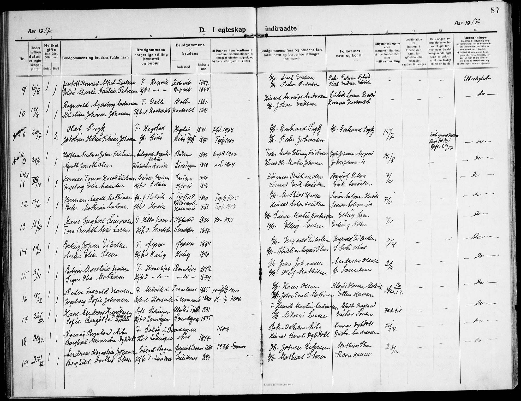 Ministerialprotokoller, klokkerbøker og fødselsregistre - Nordland, AV/SAT-A-1459/872/L1037: Parish register (official) no. 872A12, 1914-1925, p. 87