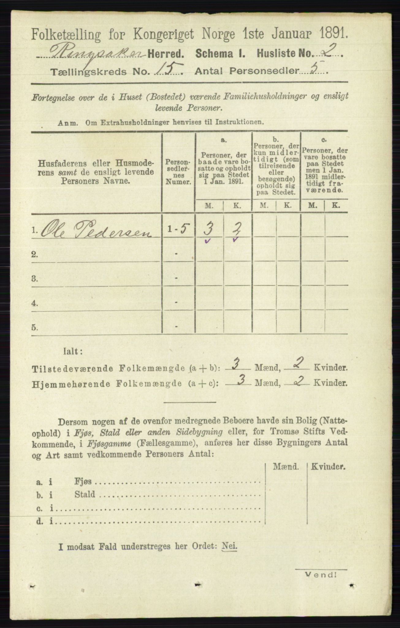 RA, 1891 census for 0412 Ringsaker, 1891, p. 8399