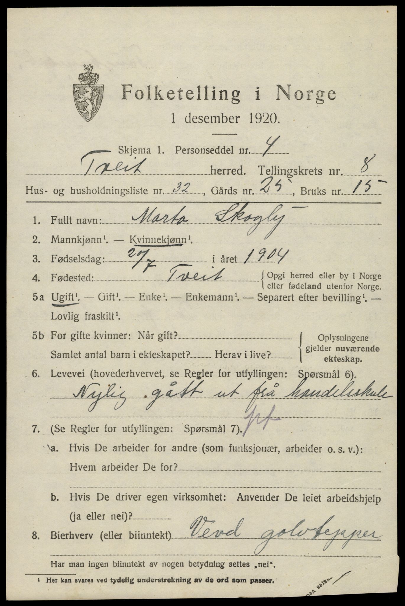 SAK, 1920 census for Tveit, 1920, p. 3862