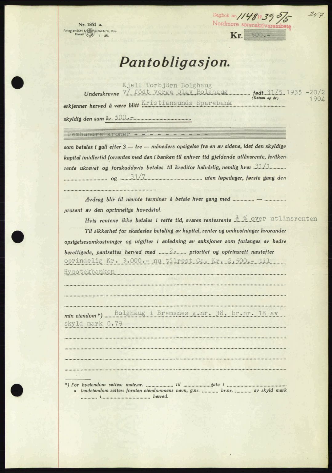 Nordmøre sorenskriveri, AV/SAT-A-4132/1/2/2Ca: Mortgage book no. B85, 1939-1939, Diary no: : 1148/1939