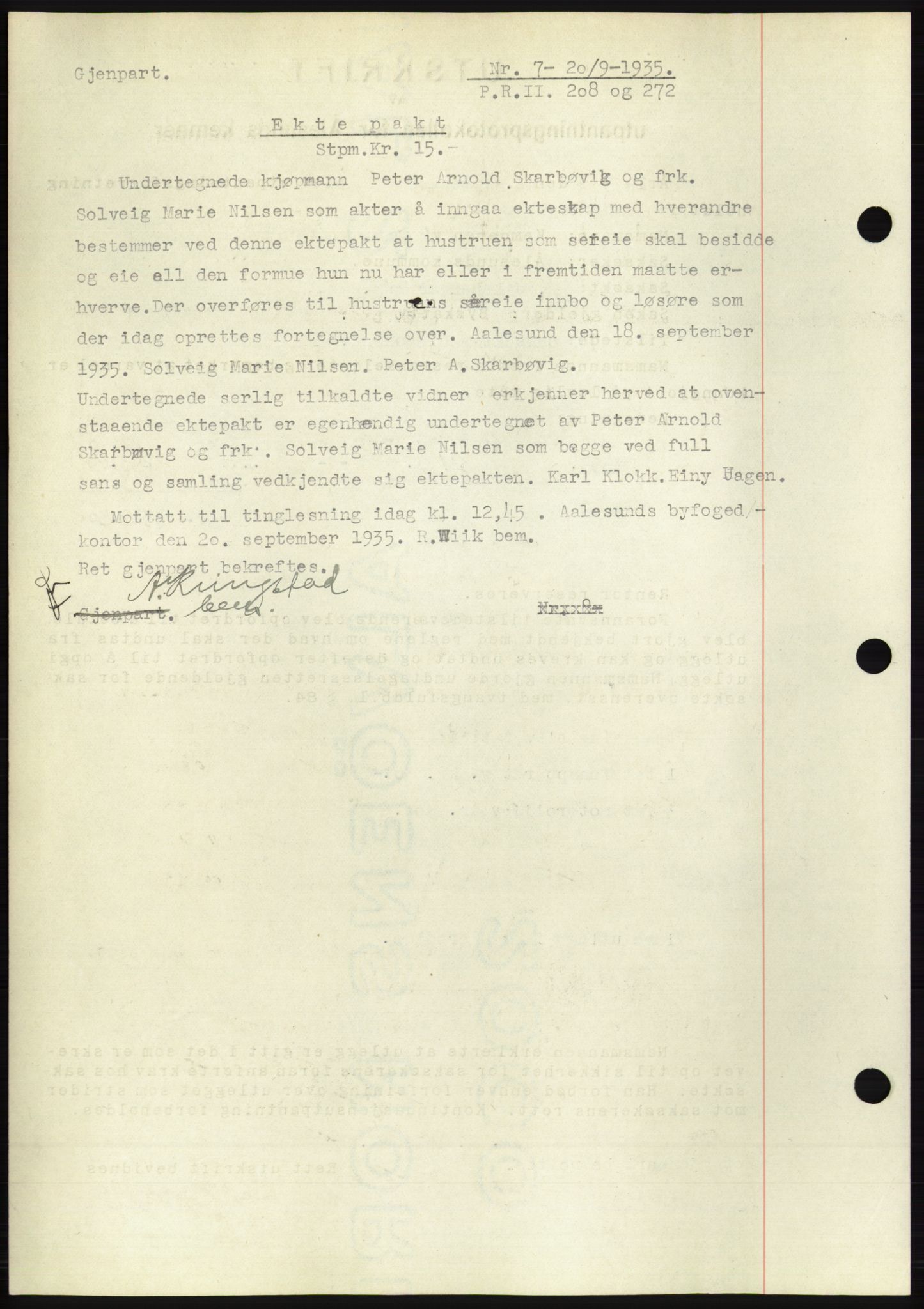 Ålesund byfogd, AV/SAT-A-4384: Mortgage book no. 32, 1934-1935, Deed date: 20.09.1935