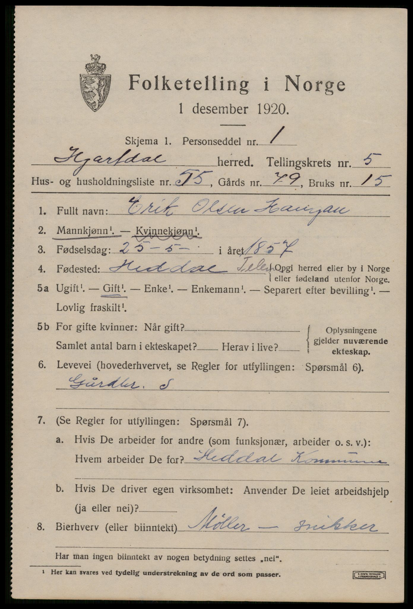 SAKO, 1920 census for Hjartdal, 1920, p. 4012