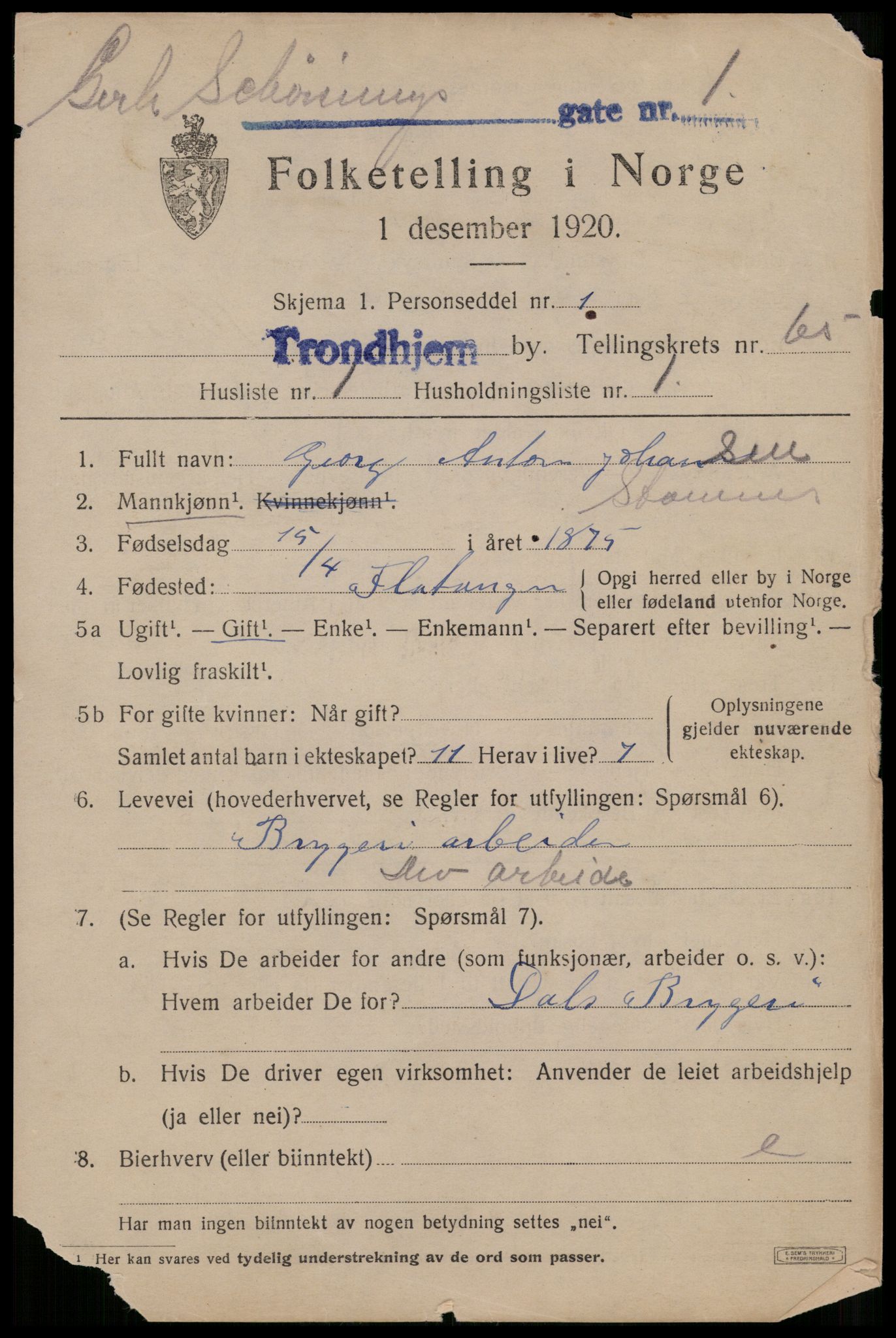 SAT, 1920 census for Trondheim, 1920, p. 128788