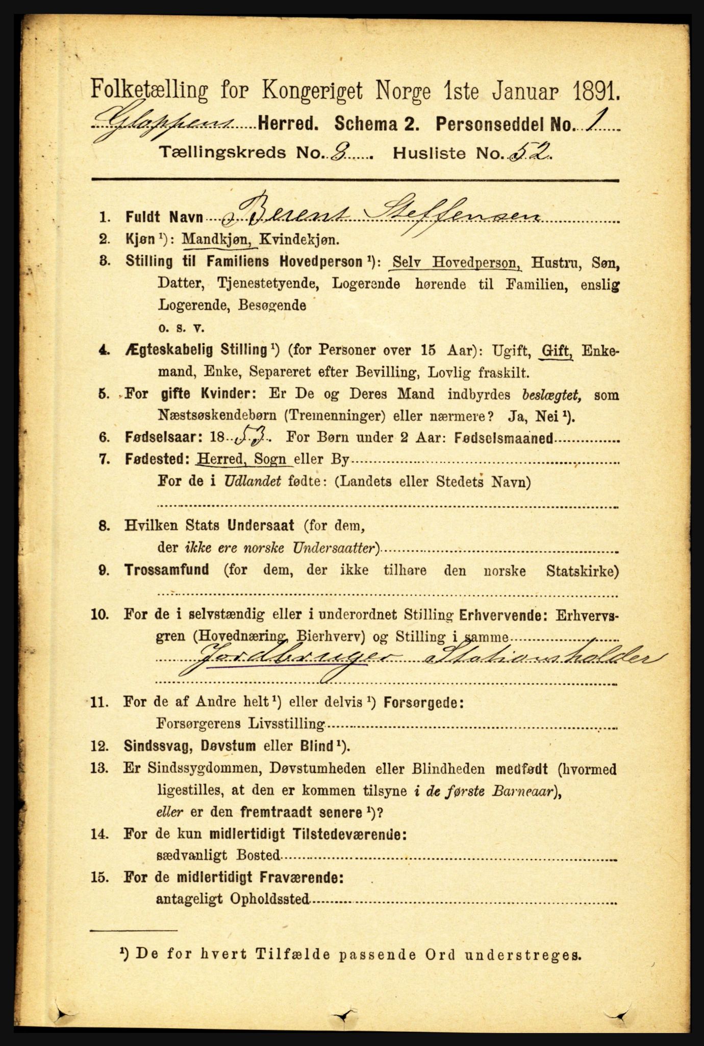 RA, 1891 census for 1445 Gloppen, 1891, p. 3493