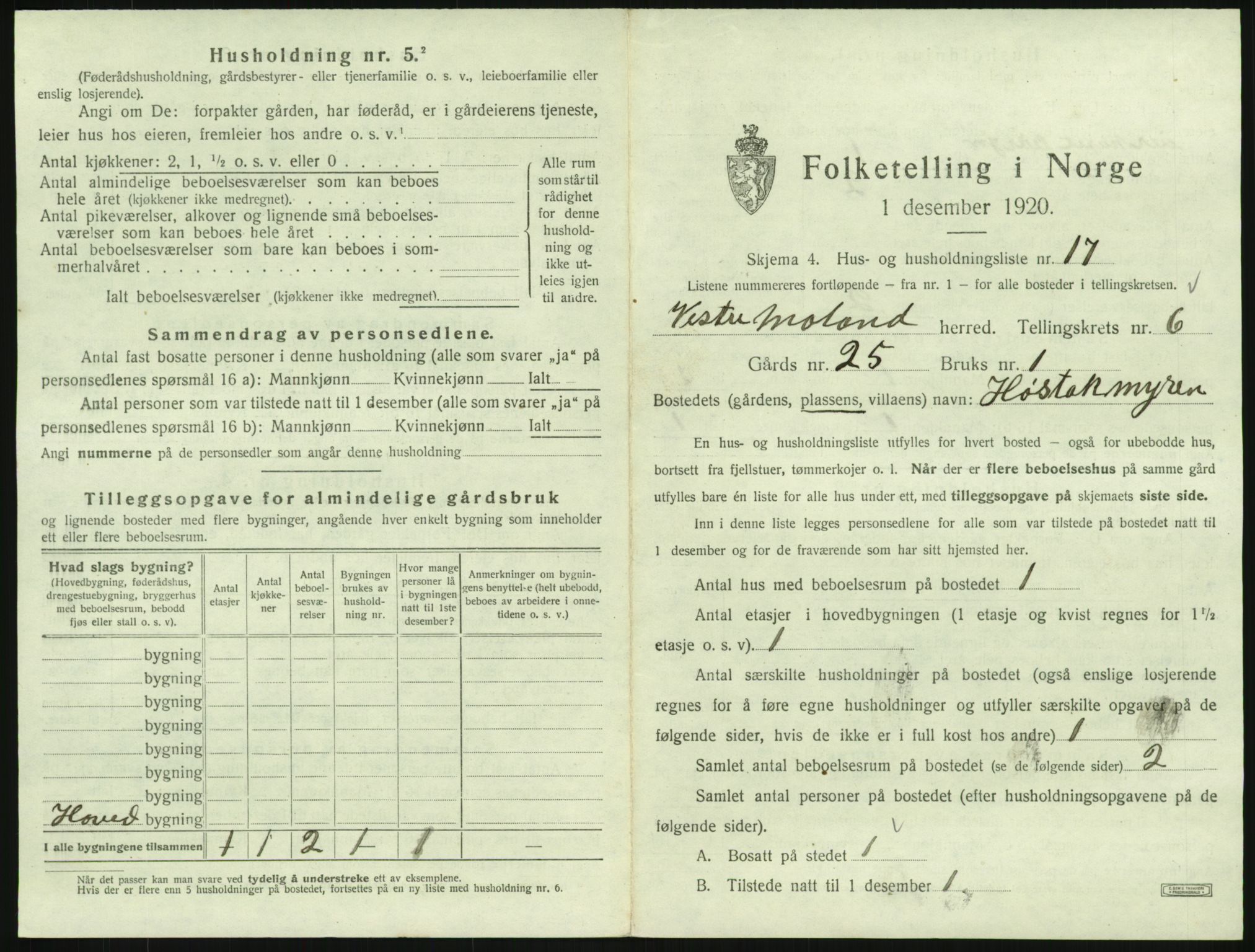 SAK, 1920 census for Vestre Moland, 1920, p. 851