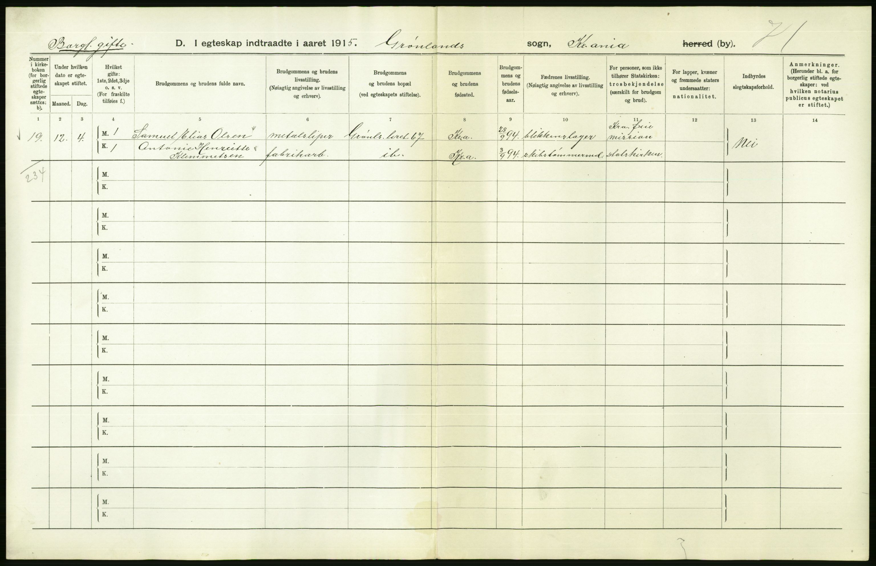 Statistisk sentralbyrå, Sosiodemografiske emner, Befolkning, RA/S-2228/D/Df/Dfb/Dfbe/L0008: Kristiania: Gifte., 1915, p. 826