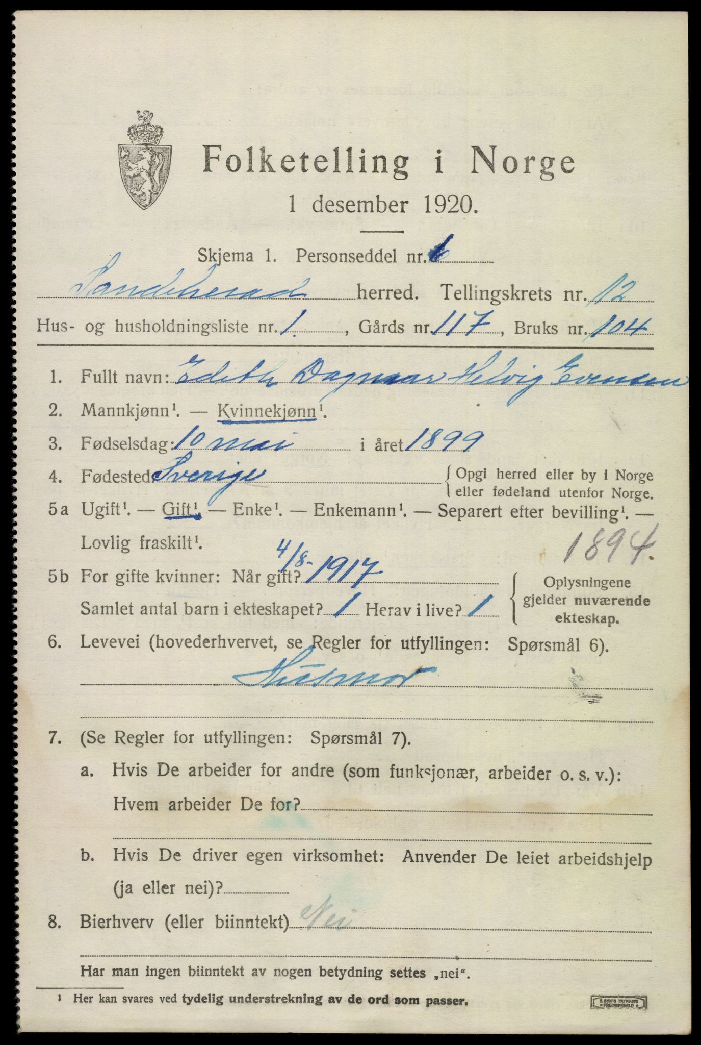 SAKO, 1920 census for Sandeherred, 1920, p. 18098