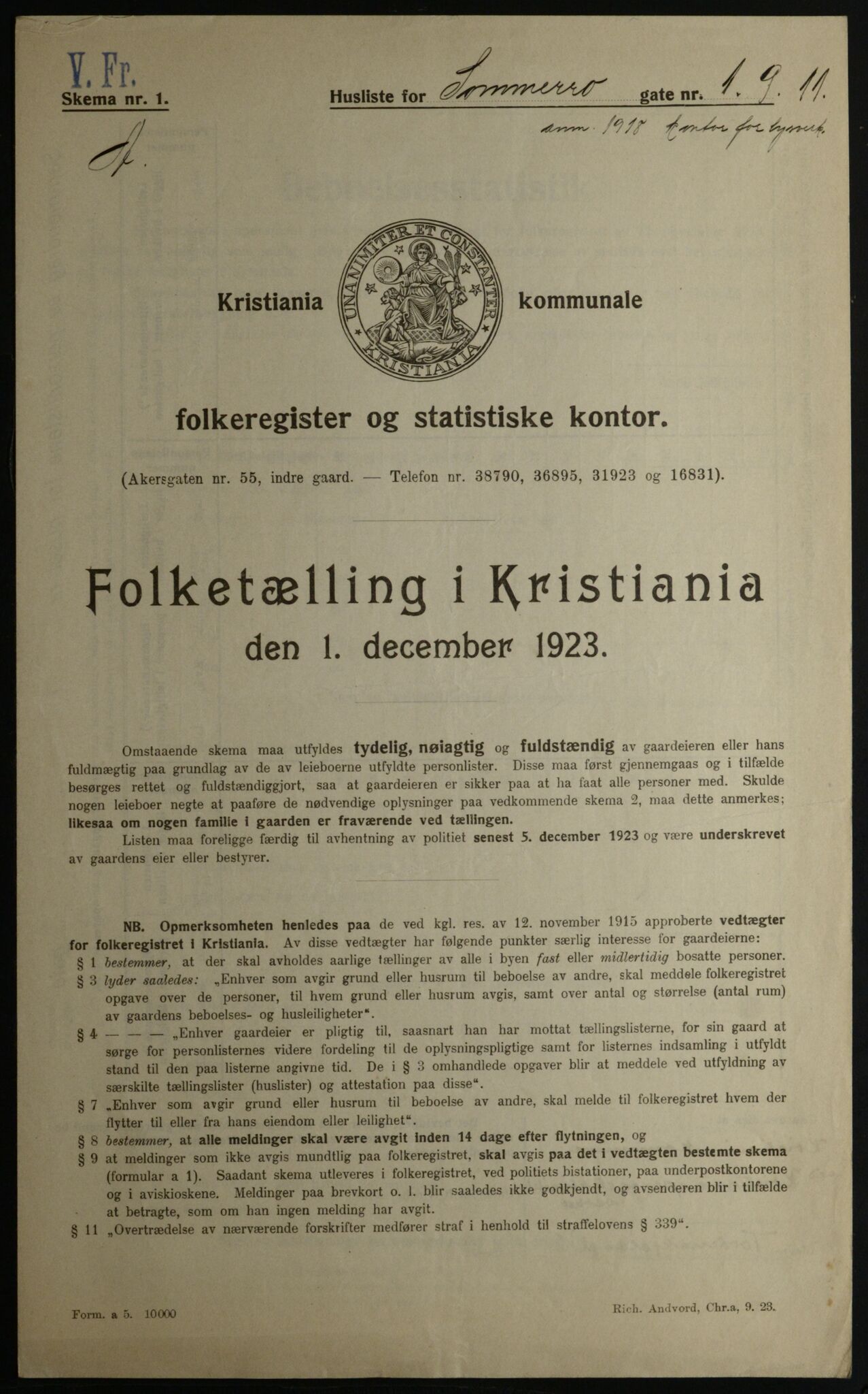 OBA, Municipal Census 1923 for Kristiania, 1923, p. 109845