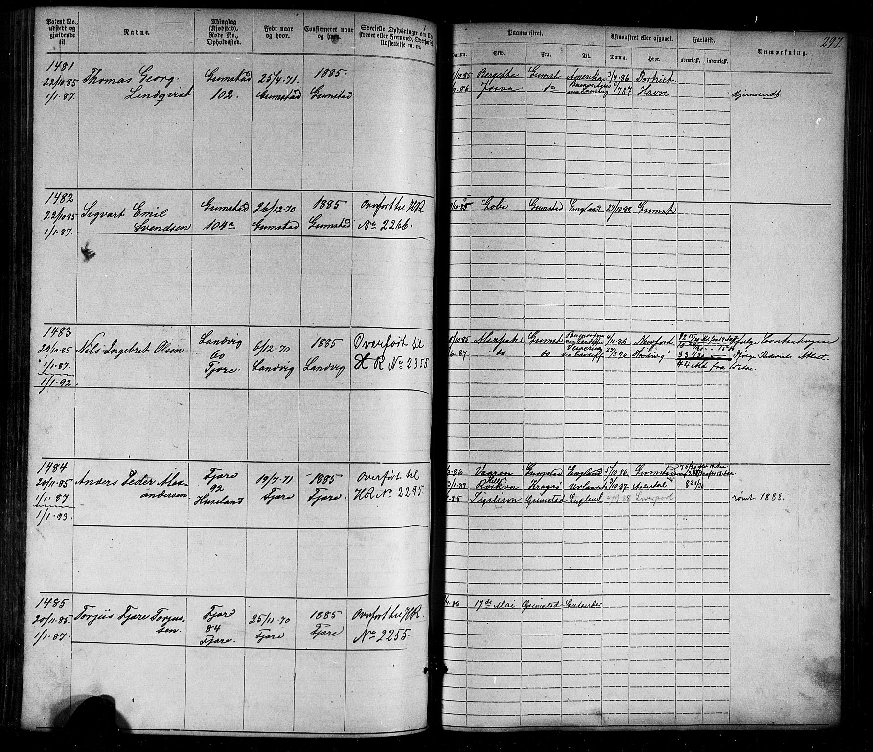 Grimstad mønstringskrets, SAK/2031-0013/F/Fa/L0005: Annotasjonsrulle nr 1-1910 med register, V-18, 1870-1892, p. 335