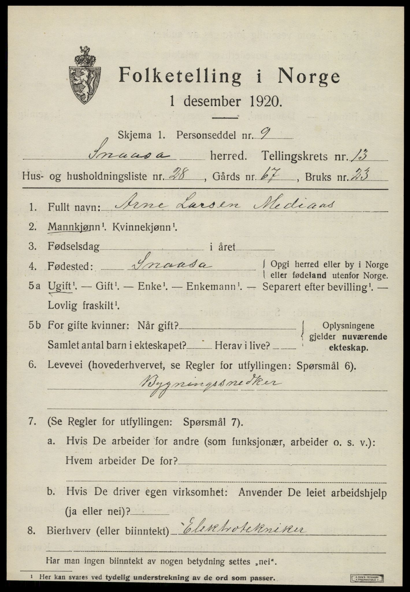 SAT, 1920 census for Snåsa, 1920, p. 5954