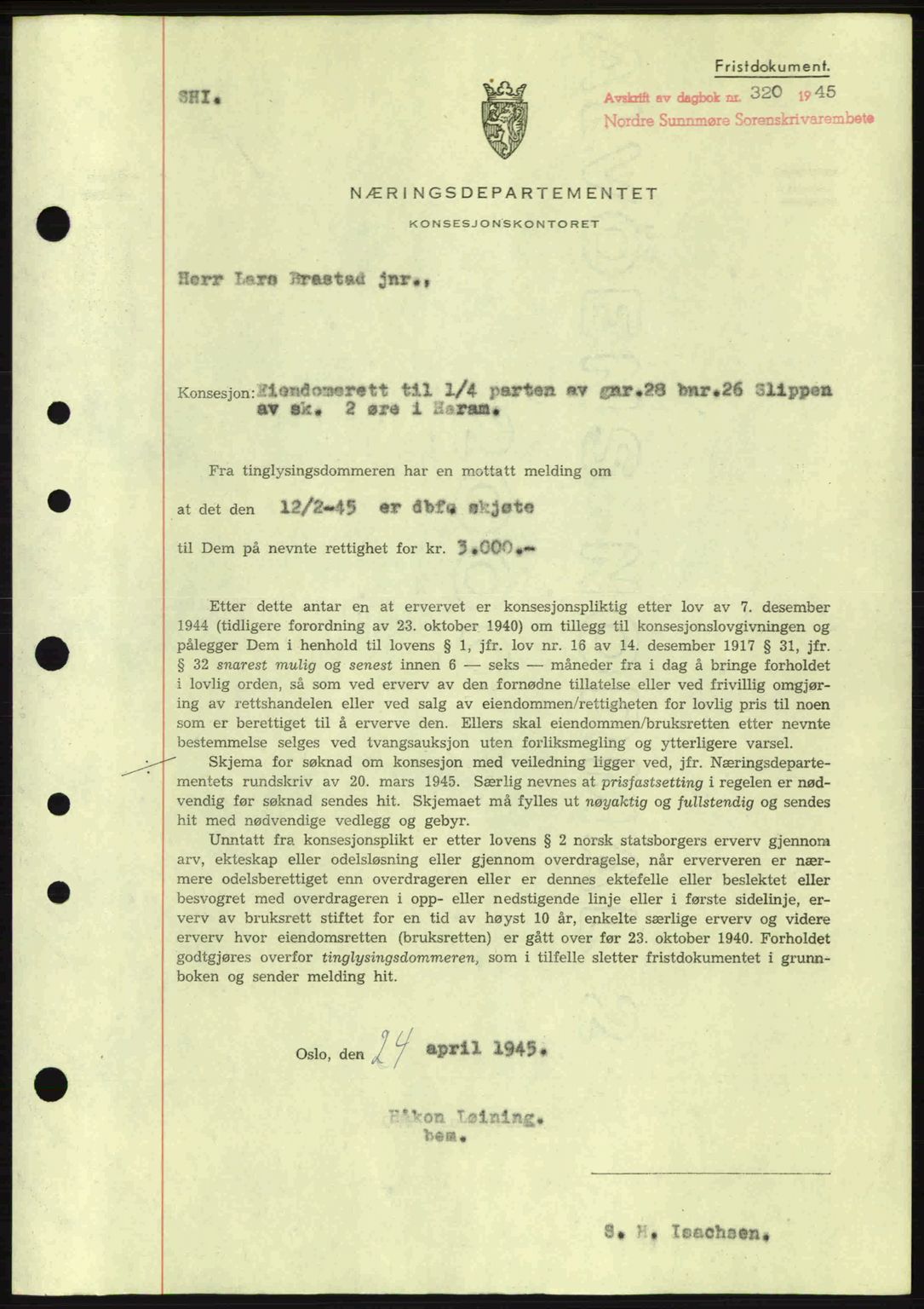 Nordre Sunnmøre sorenskriveri, SAT/A-0006/1/2/2C/2Ca: Mortgage book no. B6-14 a, 1942-1945, Diary no: : 320/1945