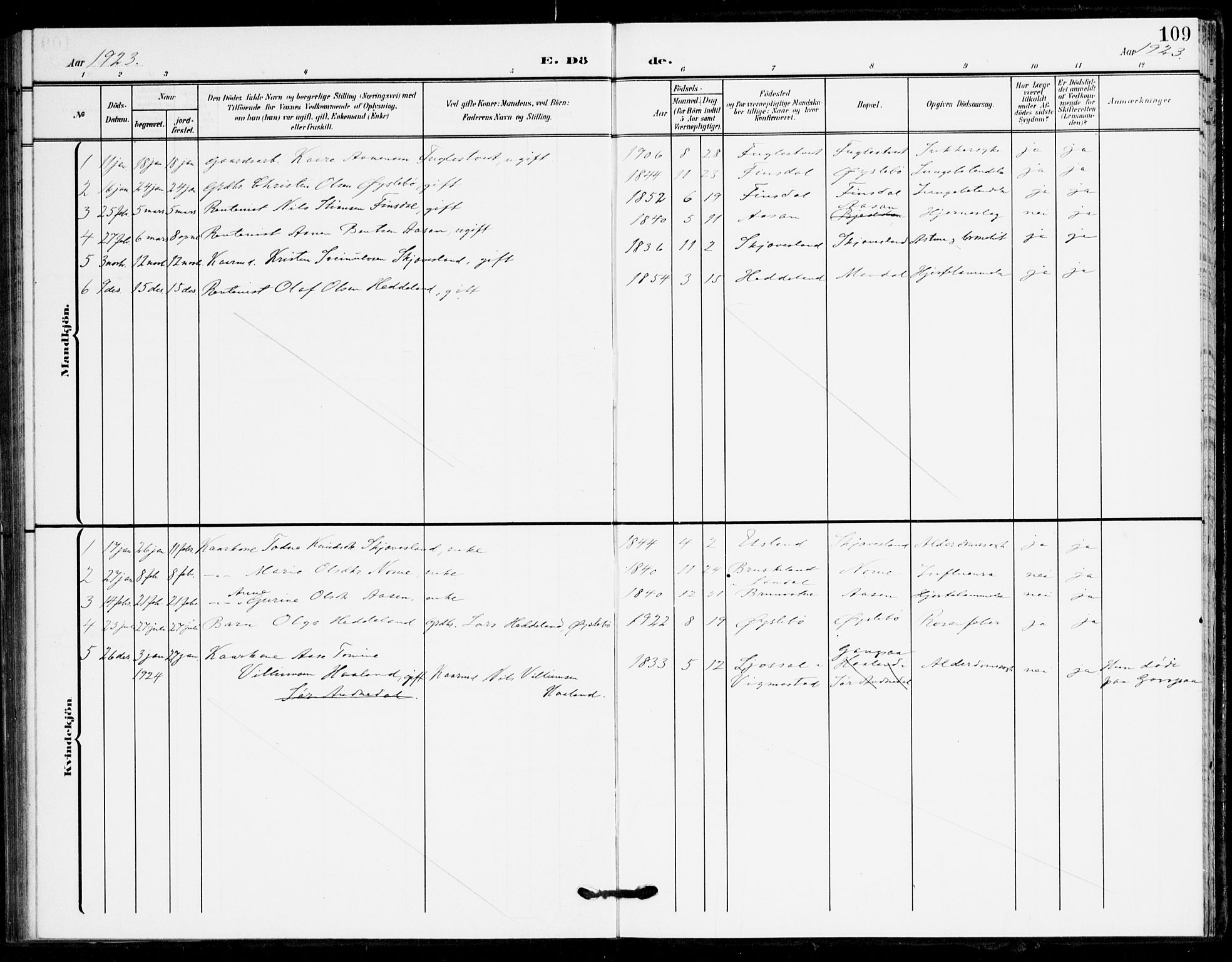 Holum sokneprestkontor, AV/SAK-1111-0022/F/Fa/Fac/L0005: Parish register (official) no. A 5, 1908-1930, p. 109