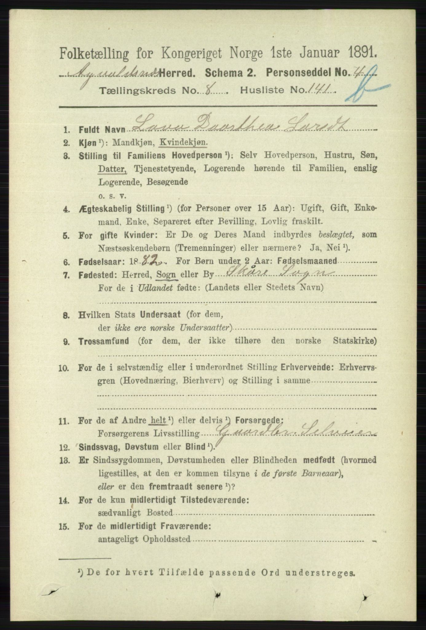 RA, 1891 census for 1147 Avaldsnes, 1891, p. 4885