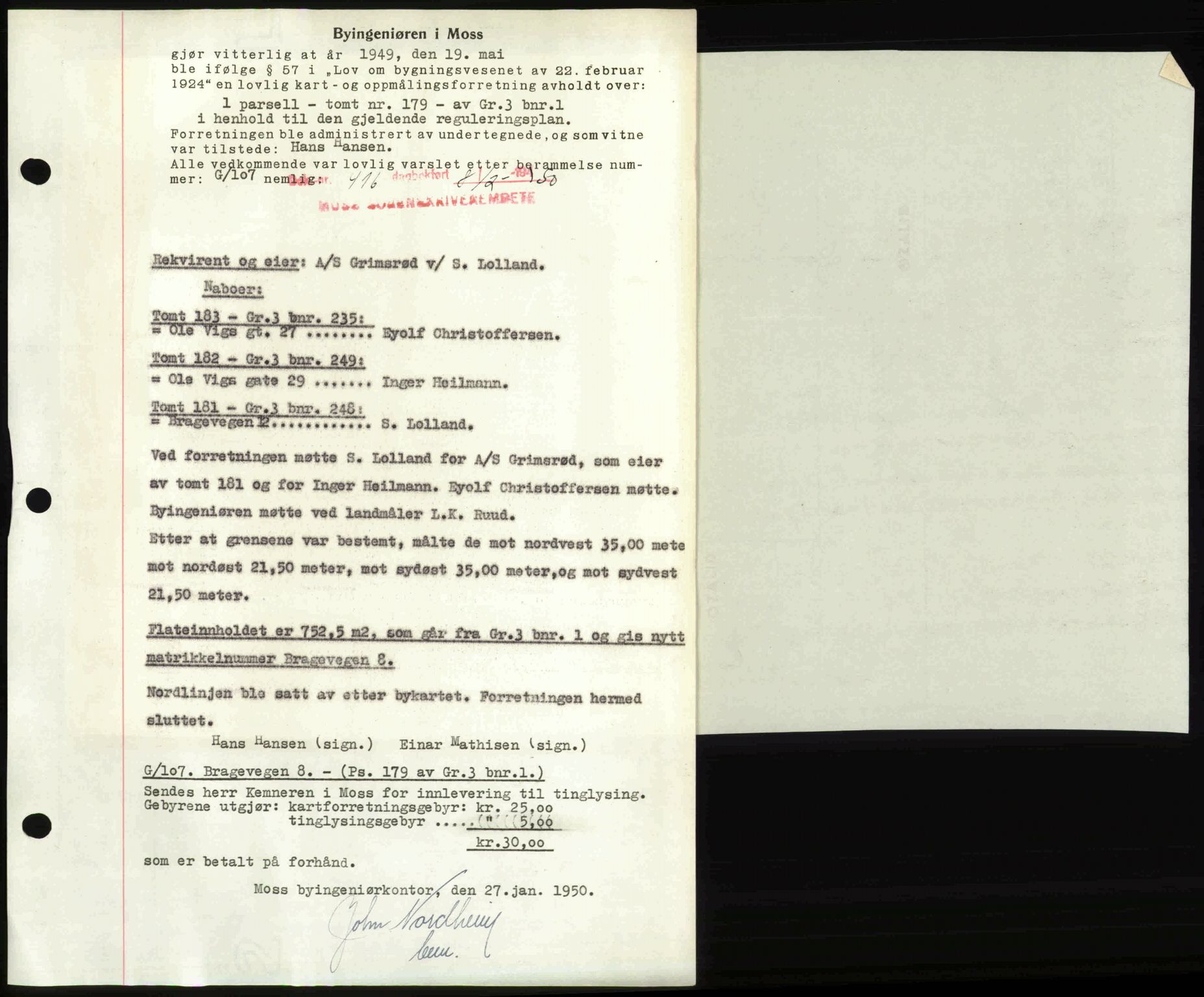 Moss sorenskriveri, SAO/A-10168: Mortgage book no. A25, 1950-1950, Diary no: : 416/1950