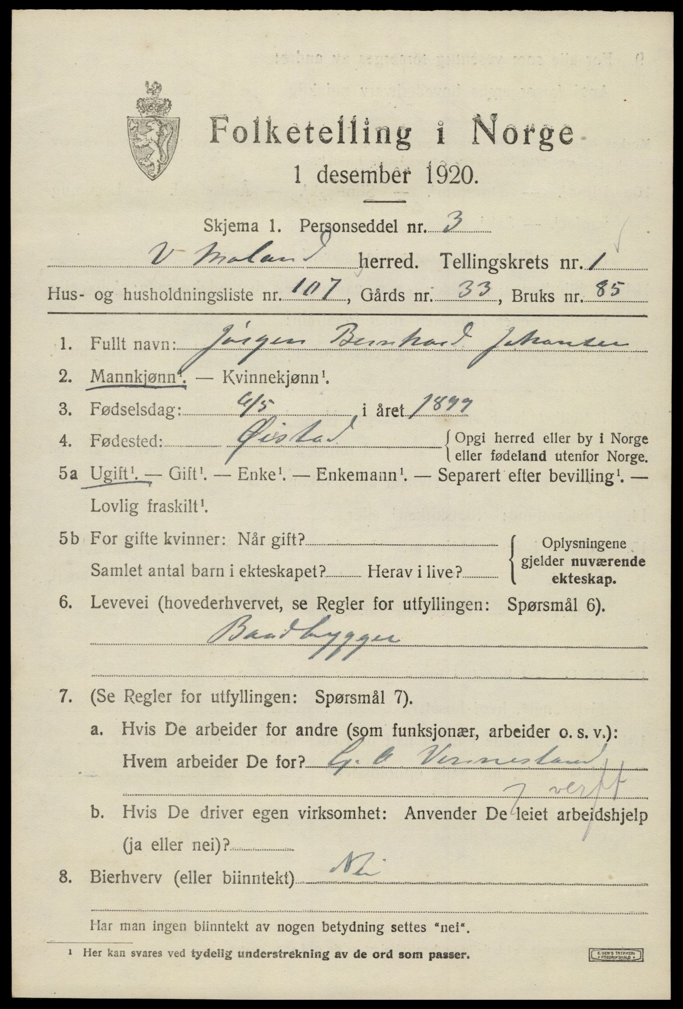 SAK, 1920 census for Vestre Moland, 1920, p. 2041