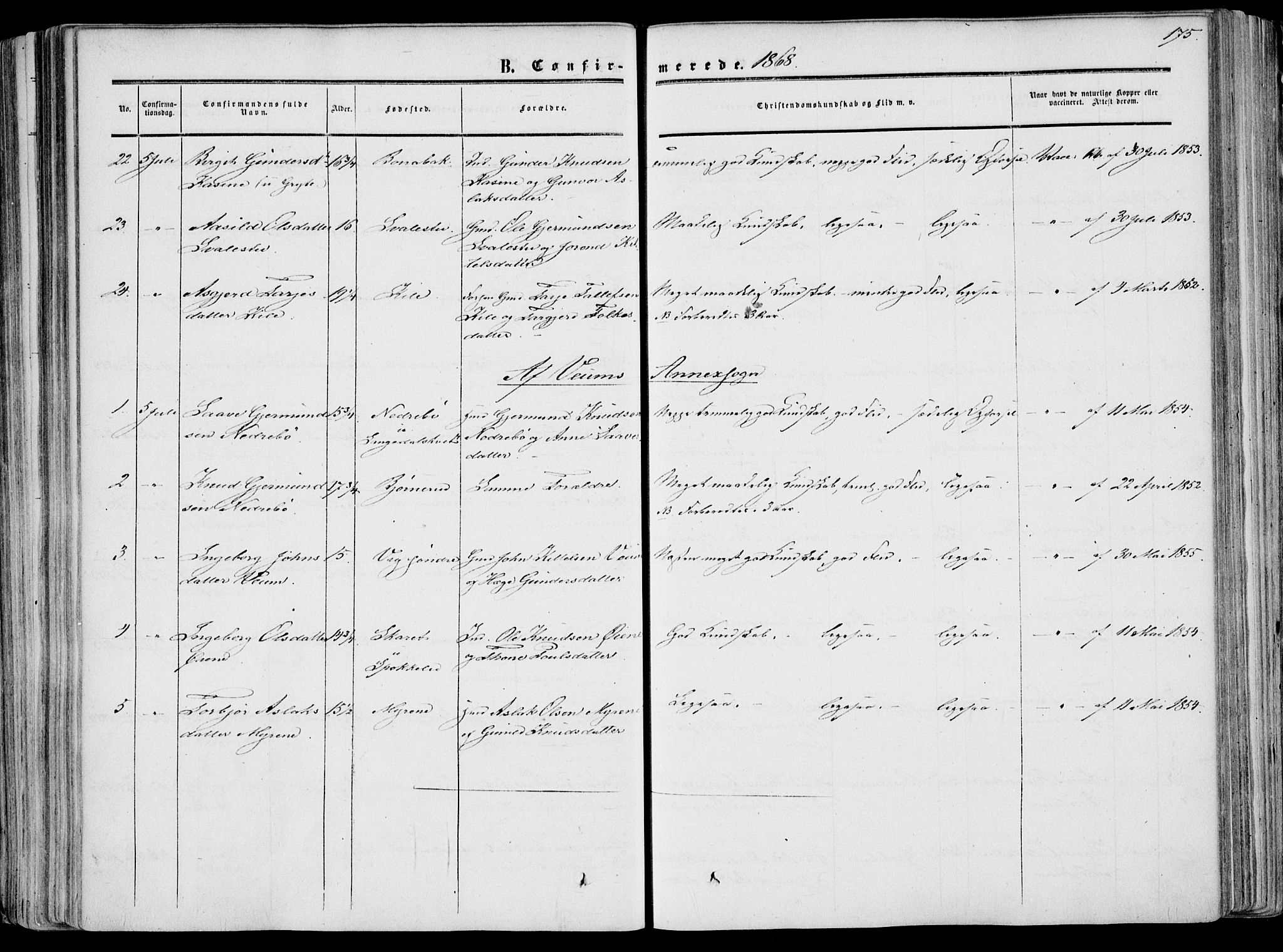 Fyresdal kirkebøker, SAKO/A-263/F/Fa/L0005: Parish register (official) no. I 5, 1855-1871, p. 175