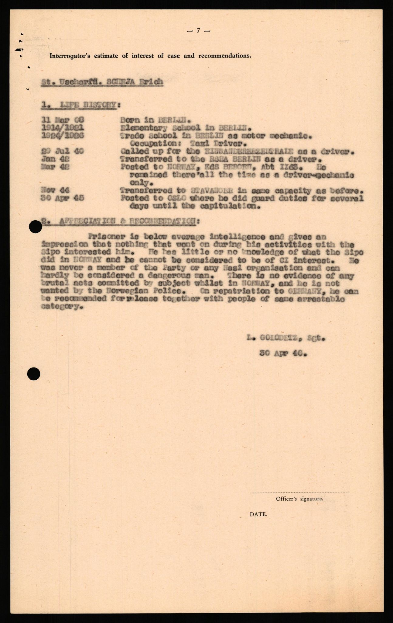 Forsvaret, Forsvarets overkommando II, RA/RAFA-3915/D/Db/L0029: CI Questionaires. Tyske okkupasjonsstyrker i Norge. Tyskere., 1945-1946, p. 114