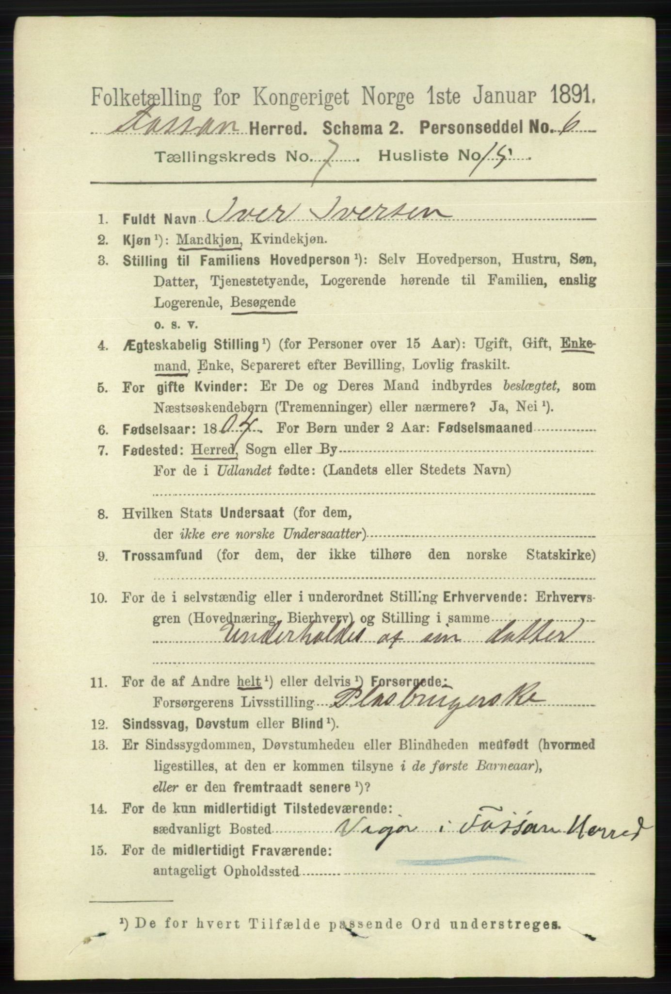 RA, 1891 census for 1129 Forsand, 1891, p. 1301