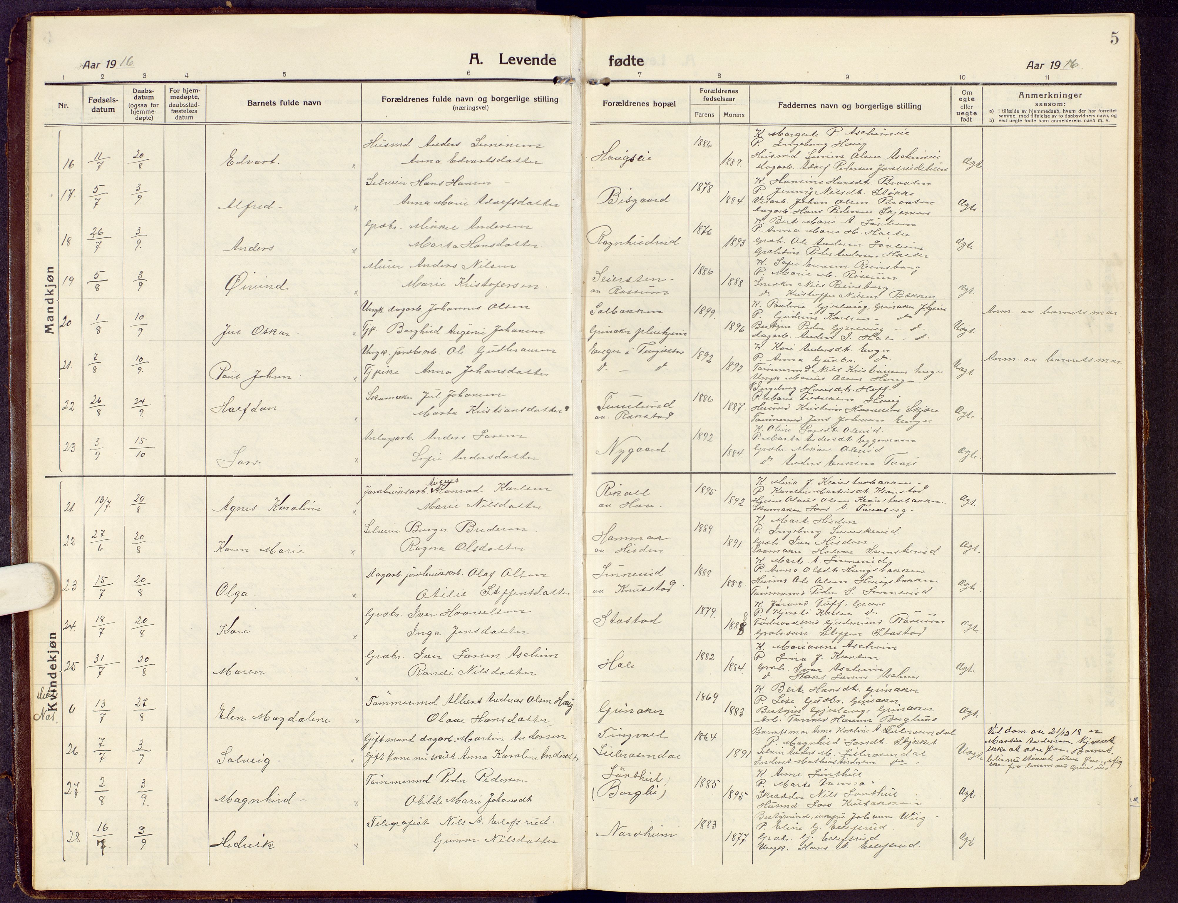 Brandbu prestekontor, SAH/PREST-114/H/Ha/Hab/L0010: Parish register (copy) no. 10, 1916-1930, p. 5