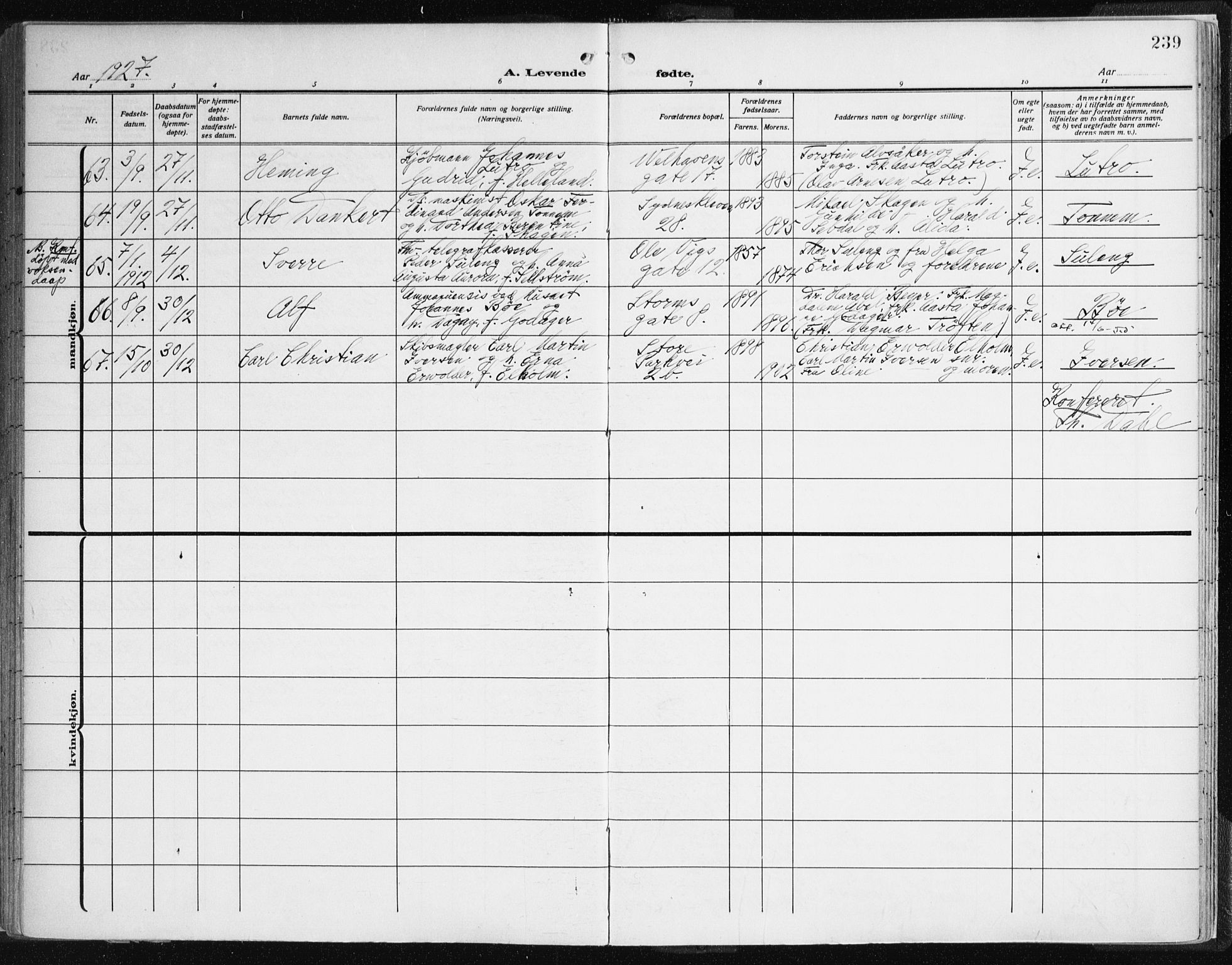 Johanneskirken sokneprestembete, AV/SAB-A-76001/H/Haa: Parish register (official) no. A 3, 1913-1934, p. 239