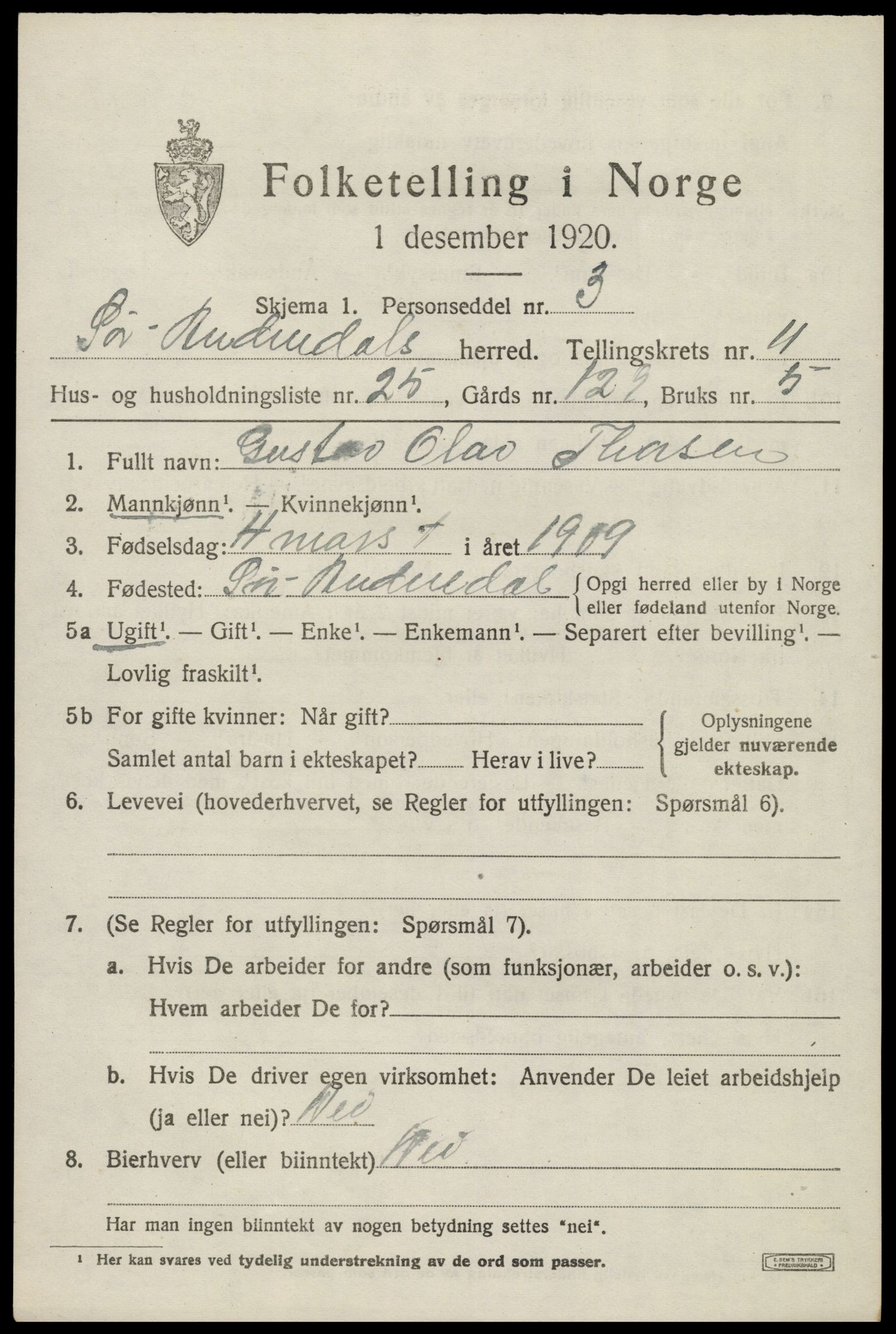 SAK, 1920 census for Sør-Audnedal, 1920, p. 4479