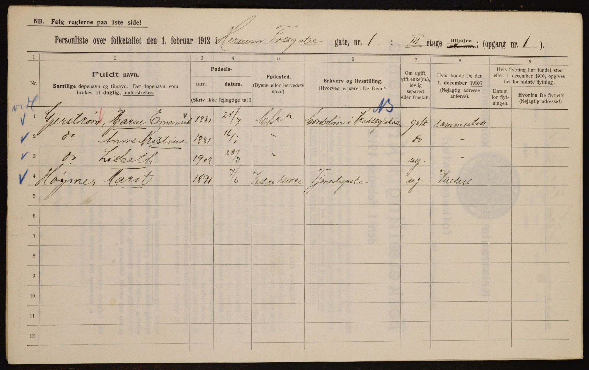 OBA, Municipal Census 1912 for Kristiania, 1912, p. 38947