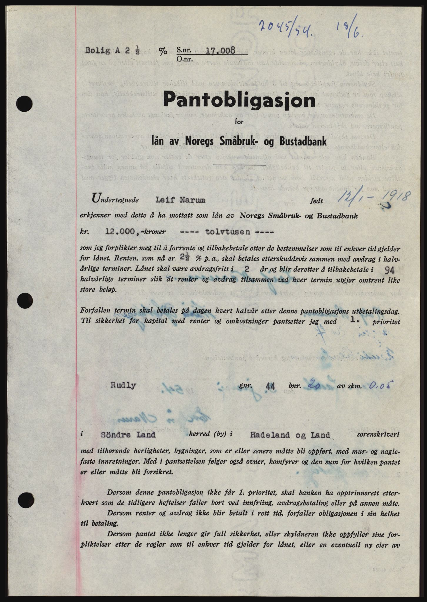 Hadeland og Land tingrett, SAH/TING-010/H/Hb/Hbc/L0030: Mortgage book no. B30, 1954-1954, Diary no: : 2045/1954