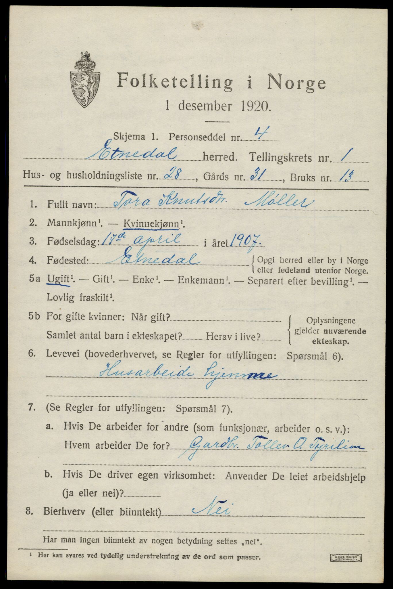 SAH, 1920 census for Etnedal, 1920, p. 1044