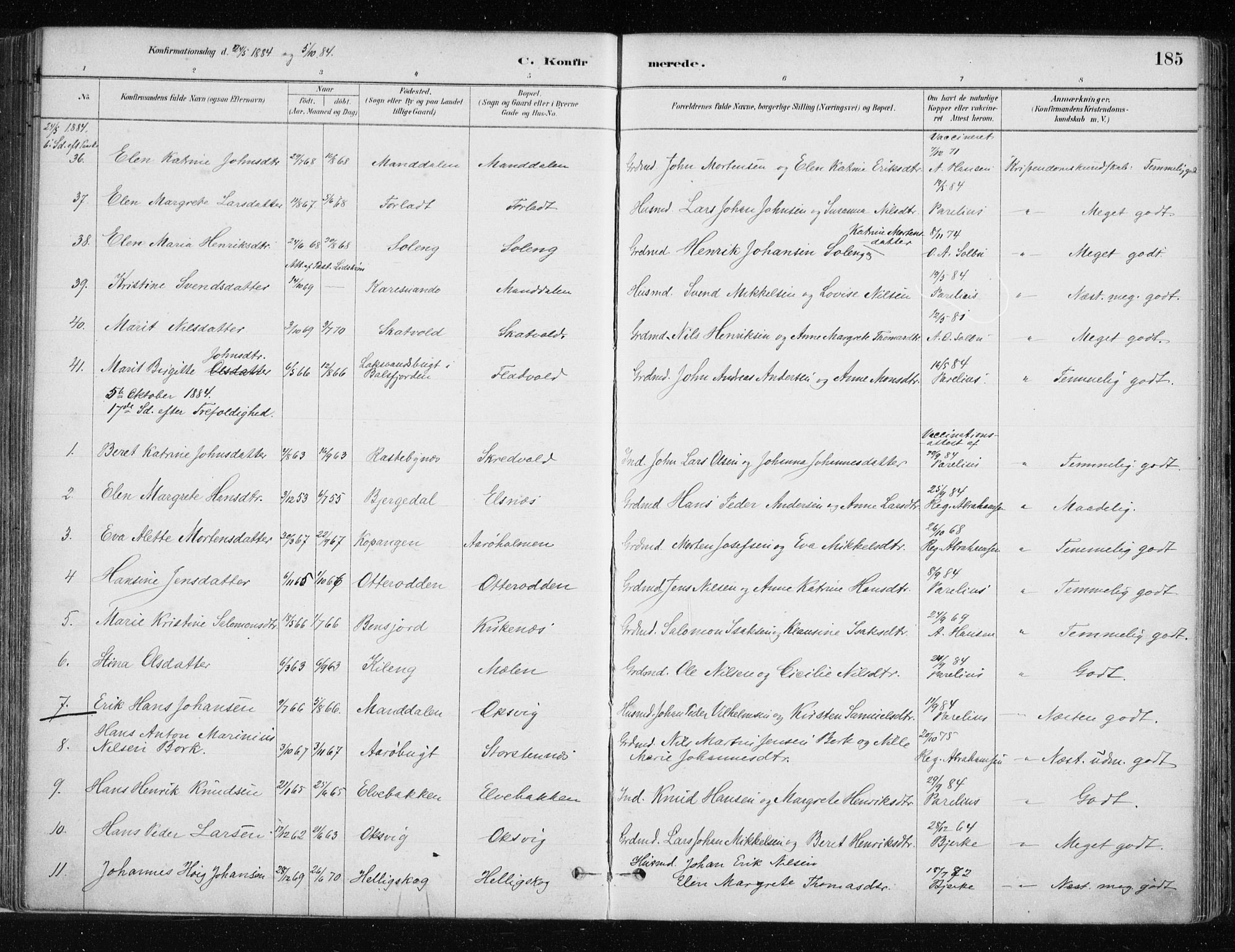 Lyngen sokneprestembete, SATØ/S-1289/H/He/Hea/L0007kirke: Parish register (official) no. 7, 1879-1890, p. 185
