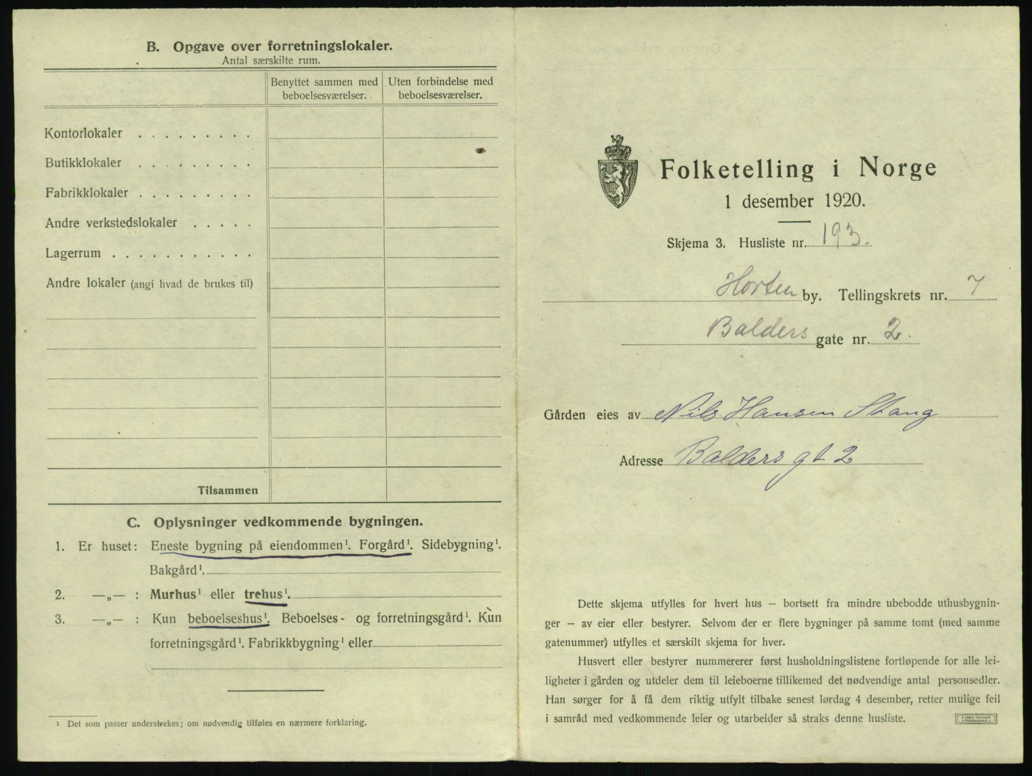 SAKO, 1920 census for Horten, 1920, p. 2783