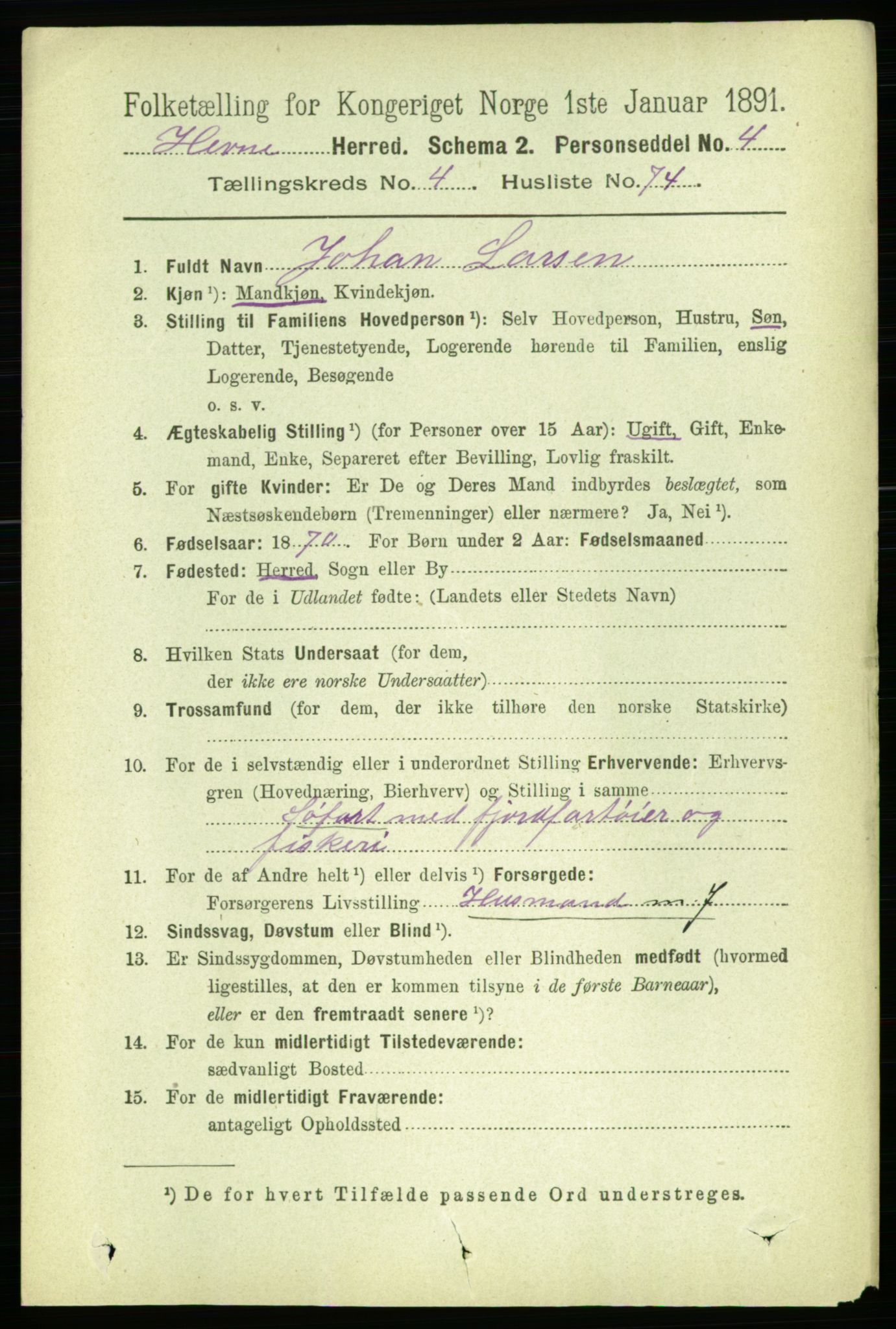 RA, 1891 census for 1612 Hemne, 1891, p. 2336