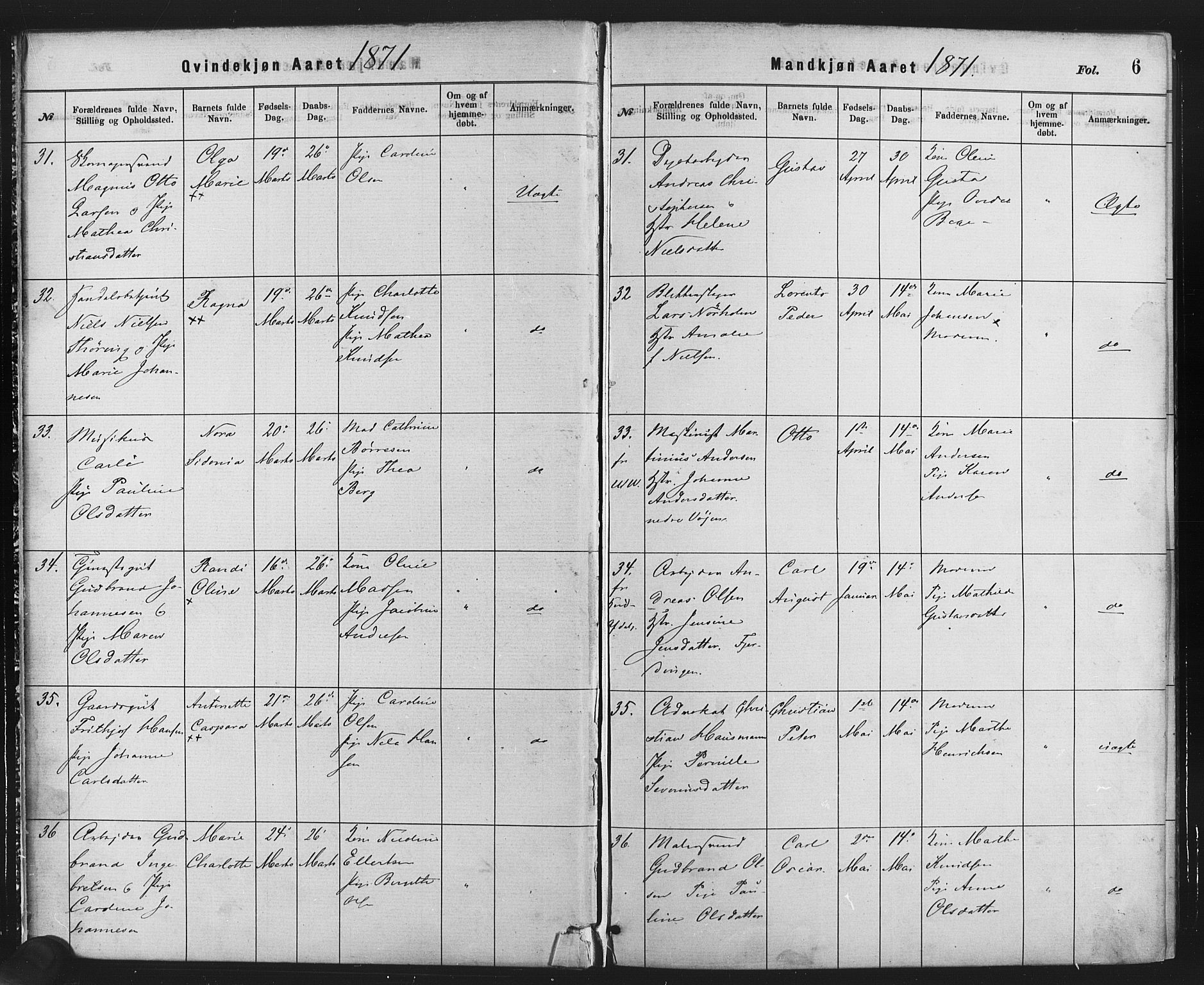 Rikshospitalet prestekontor Kirkebøker, AV/SAO-A-10309b/F/L0006: Parish register (official) no. 6, 1871-1885, p. 6