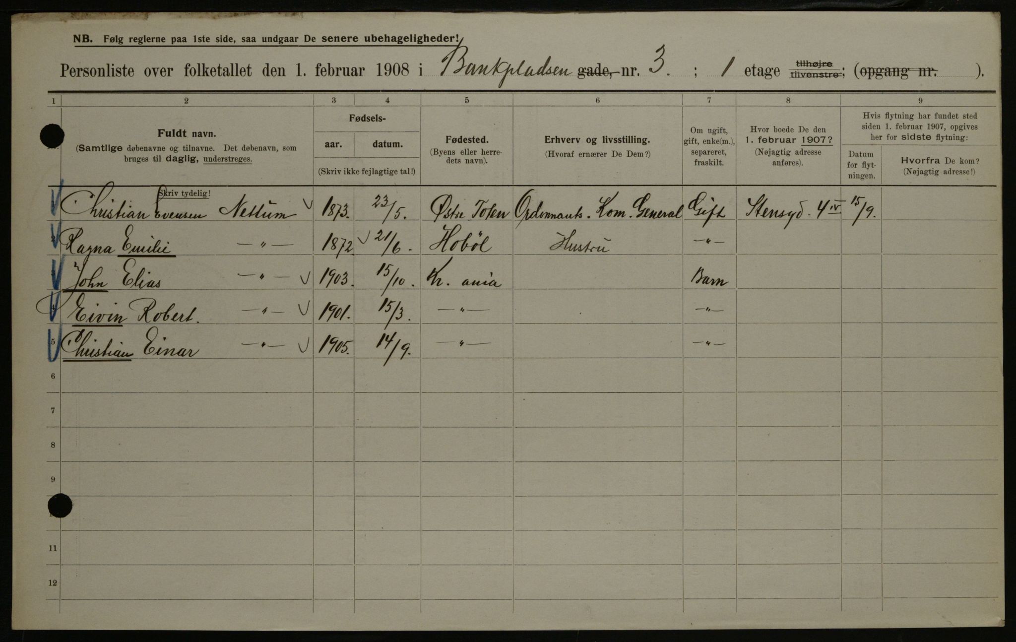 OBA, Municipal Census 1908 for Kristiania, 1908, p. 3336